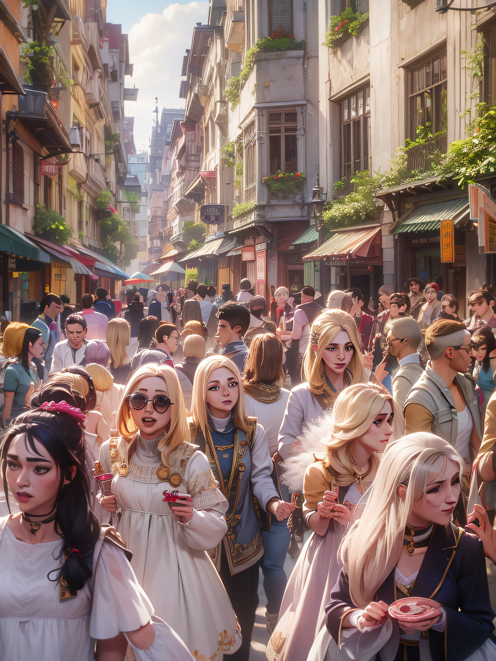 On the streets full of people、Blonde hair、European beauty、Walk in the middle