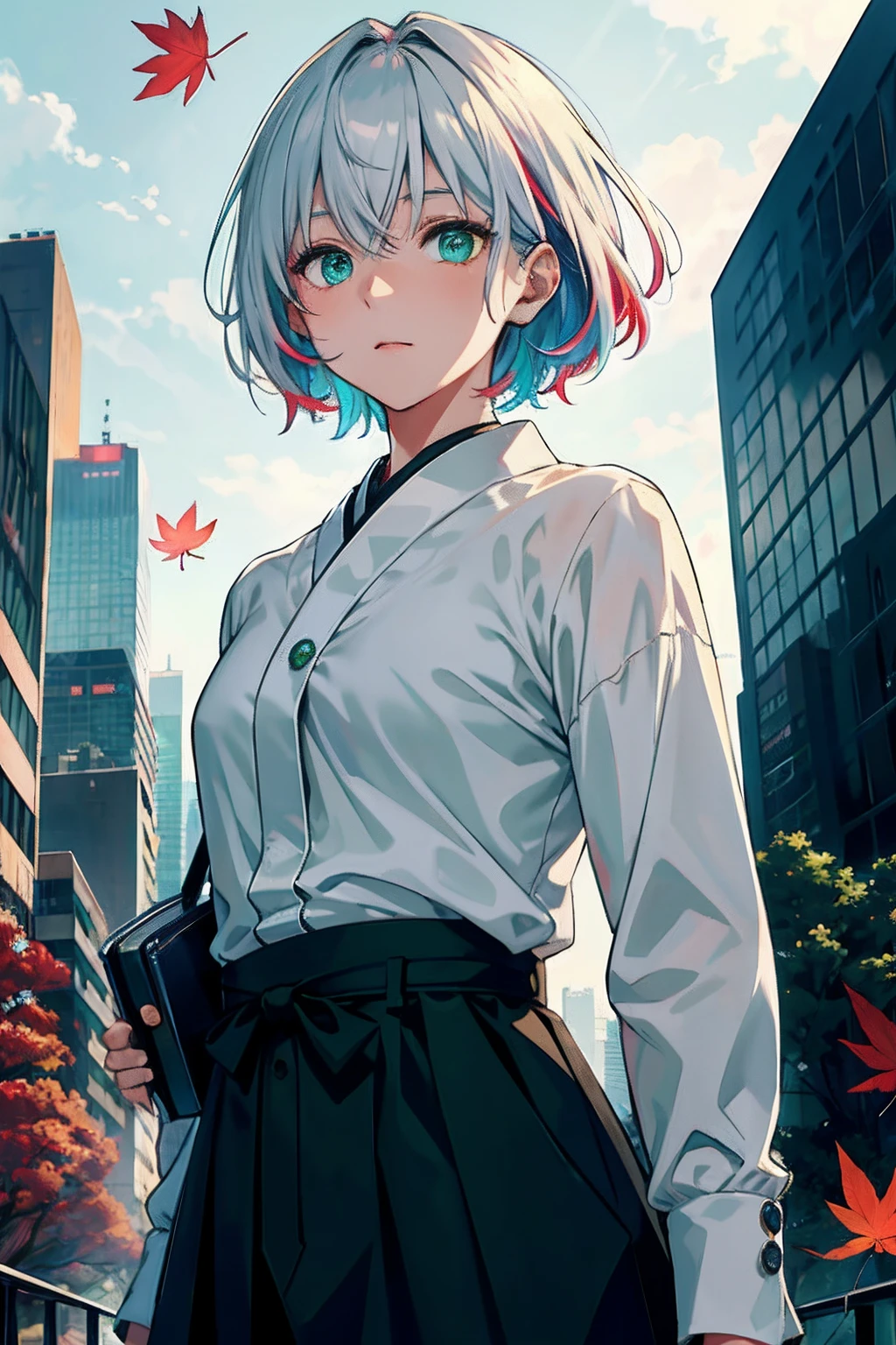 Japan, hight resolution, best qualtiy, Illustration,  ultra-detailliert, (Detailed face), (Detailed eyes), Soft lighting, Best Quality, Hazy glow, dreamy ambiance, Hyper Detailed, masutepiece, 1boy, Solo, Silver hair, Green eyes, Knitwear, Luminous Eyes, medium breasts, (Colorful),shot, From below, Outdoors, morning, Clouds, skyscrapers in the background, industrial, public transport, urbane, Concrete buildings, concrete, walkway, busy, Trees, Autumn, Falling leaves,