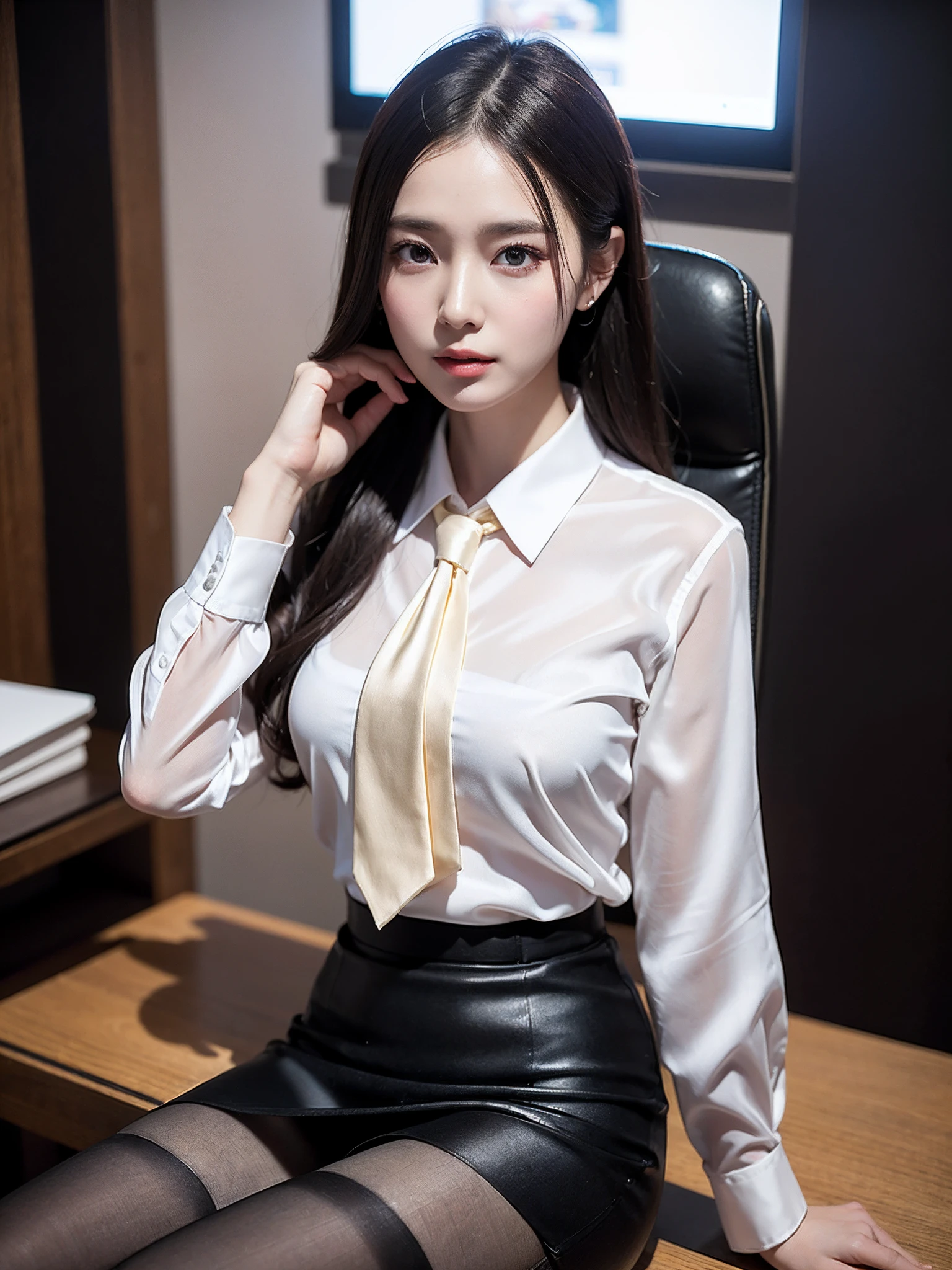 There is a classy female teacher in a skirt, 27yo、stature　162cm、Office Clothes, Wearing a high-class silk blouse, (Wearing hose,Realistic Panty、Elegant slim beige blouse, business clothes, Business attire, wearing in shirt, businesswoman, Silk, cream colored blouse, wearing a shirt with a tie, Work clothes, silky garment, wearing business casual dress, Wearing a business suit, business outfit, formal clothes, 2 9 years ol, (in 8K、top-quality、​masterpiece:1.2)、(intricate detailes:1.4)、(Photorealsitic:1.4)、octane renderings、Complex 3D rendering ultra detail, Studio Soft Light, Rim Lights, vibrant detail, super detailing, realistic skin textures, Detail Face, Beautiful detail eyes, Very detailed CG Unity 16k wallpaper, make - up, (detailedbackground:1.2),　shinny skin、
