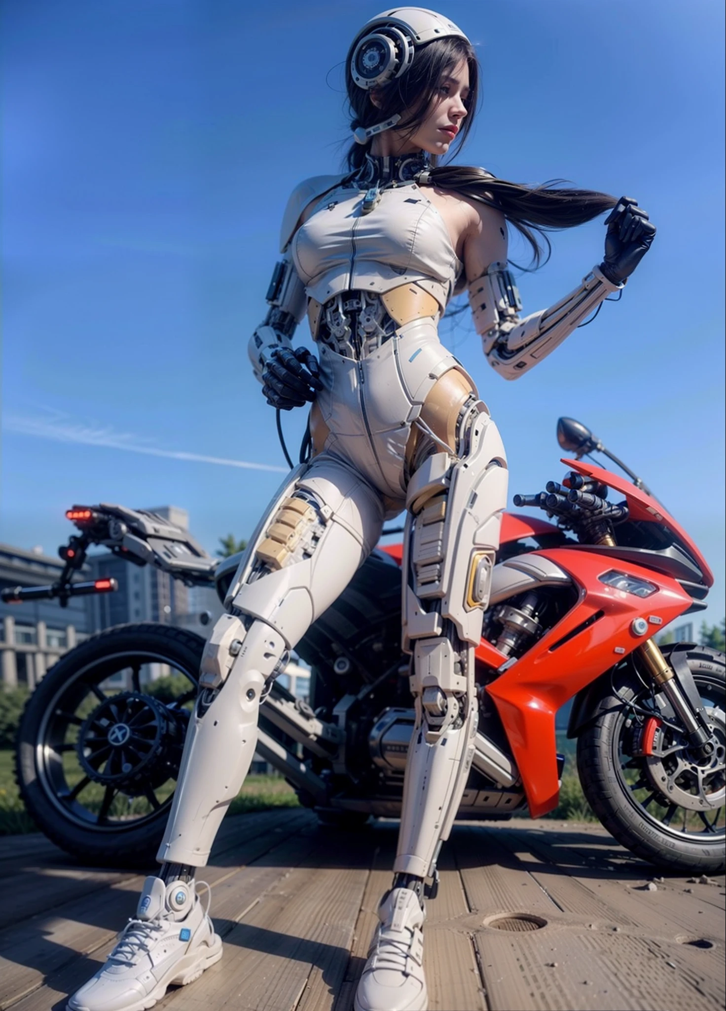 La mejor calidad, casco de moto cyberpunk, 25-year-old girl, atletic body,mech body, esqueleto de robot, Costa, En pie, playa, There are huge alien spaceships floating in the air....., cyberpunk, Science-Fiction