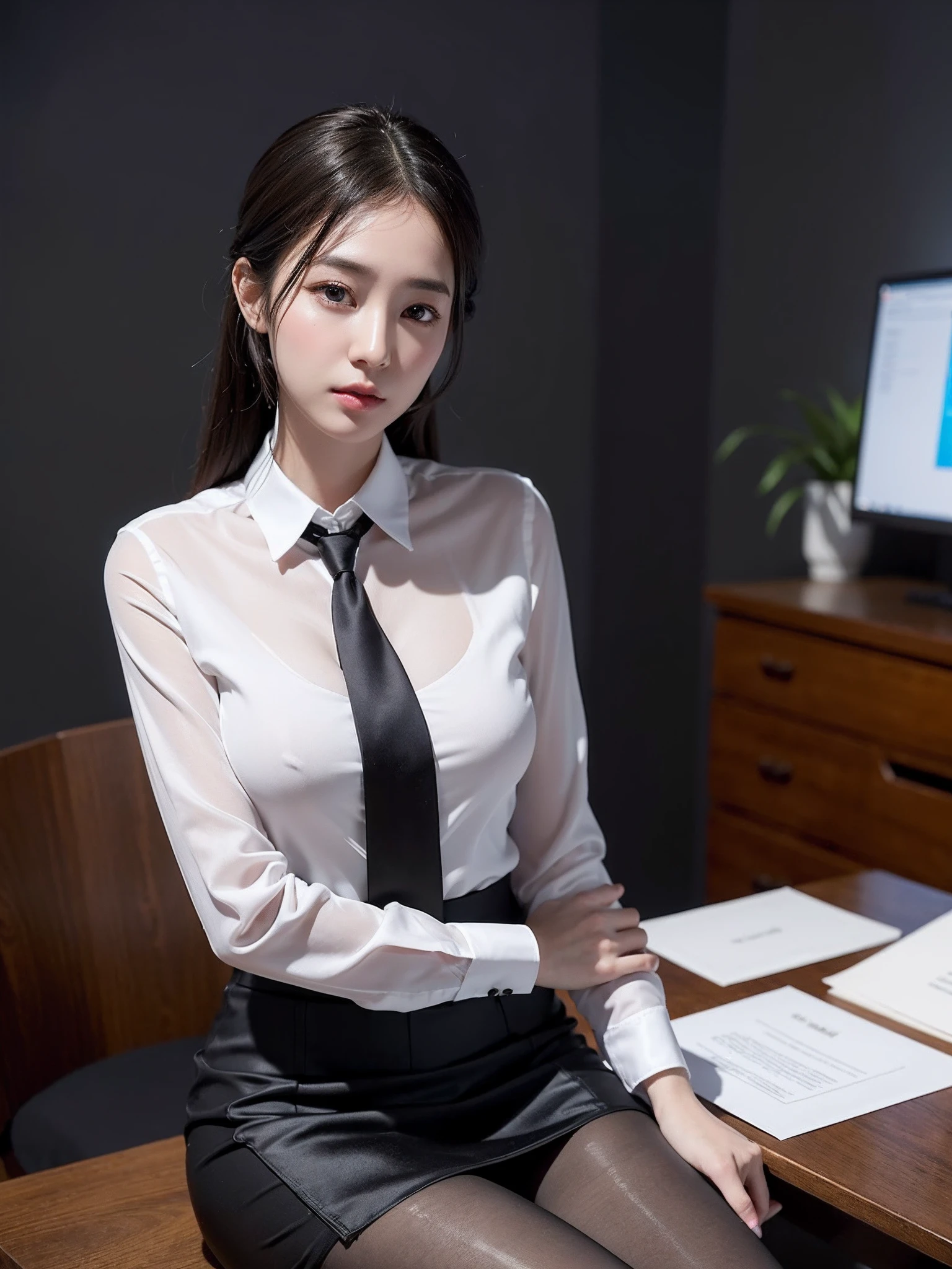 There is a classy female teacher in a skirt, 27yo、stature　162cm、Office Clothes, Wearing a high-class silk blouse, (Wearing pantyhose,Realistic Pantyhose)、Elegant slim beige blouse, business clothes, Business attire, wearing in shirt, businesswoman, Silk, cream colored blouse, wearing a shirt with a tie, Work clothes, silky garment, wearing business casual dress, Wearing a business suit, business outfit, formal clothes, 2 、Raw photo, (in 8K、top-quality、​masterpiece:1.2)、(intricate detailes:1.4)、(Photorealsitic:1.4)、octane renderings、Complex 3D rendering ultra detail, Studio Soft Light, Rim Lights, vibrant detail, super detailing, realistic skin textures, Detail Face, Beautiful detail eyes, Very detailed CG Unity 16k wallpaper, make - up, (detailedbackground:1.2),　shinny skin、