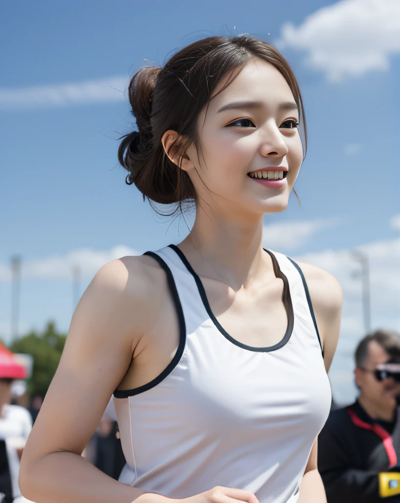 zydG, 1girls, Front view, stand, looking the viewer, exposed skin, (from below),brown-eyed, (brown updo hairstyle:1.2), (light hair), (medium breasts:1.4), smile with white teeth, (photorealestic:1.4), (Top image quality:1.0), (UltraHighResolution:1.0), 8K, Raw photography, (A masterpice:0.2), track and field uniforms, show abs, (sweat, wetty:1.1), portlate, facefocus, ful body,(pureerosface_v1:0.5), outdoor, track and field,