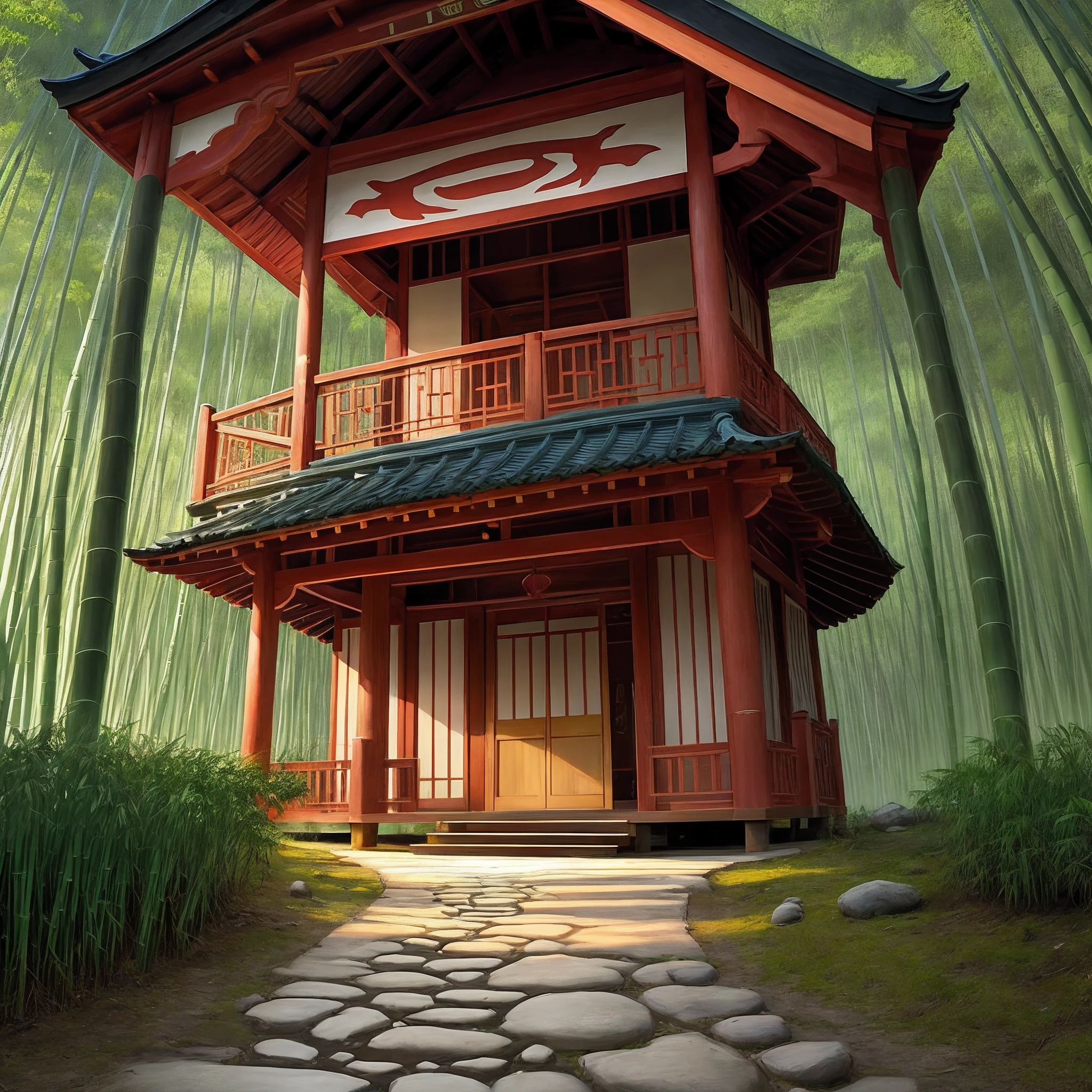 Temple，trail，One person walks on a stone path，nigth，bamboo forrest，Cold Creek，The two played against each other in the octagonal pavilion