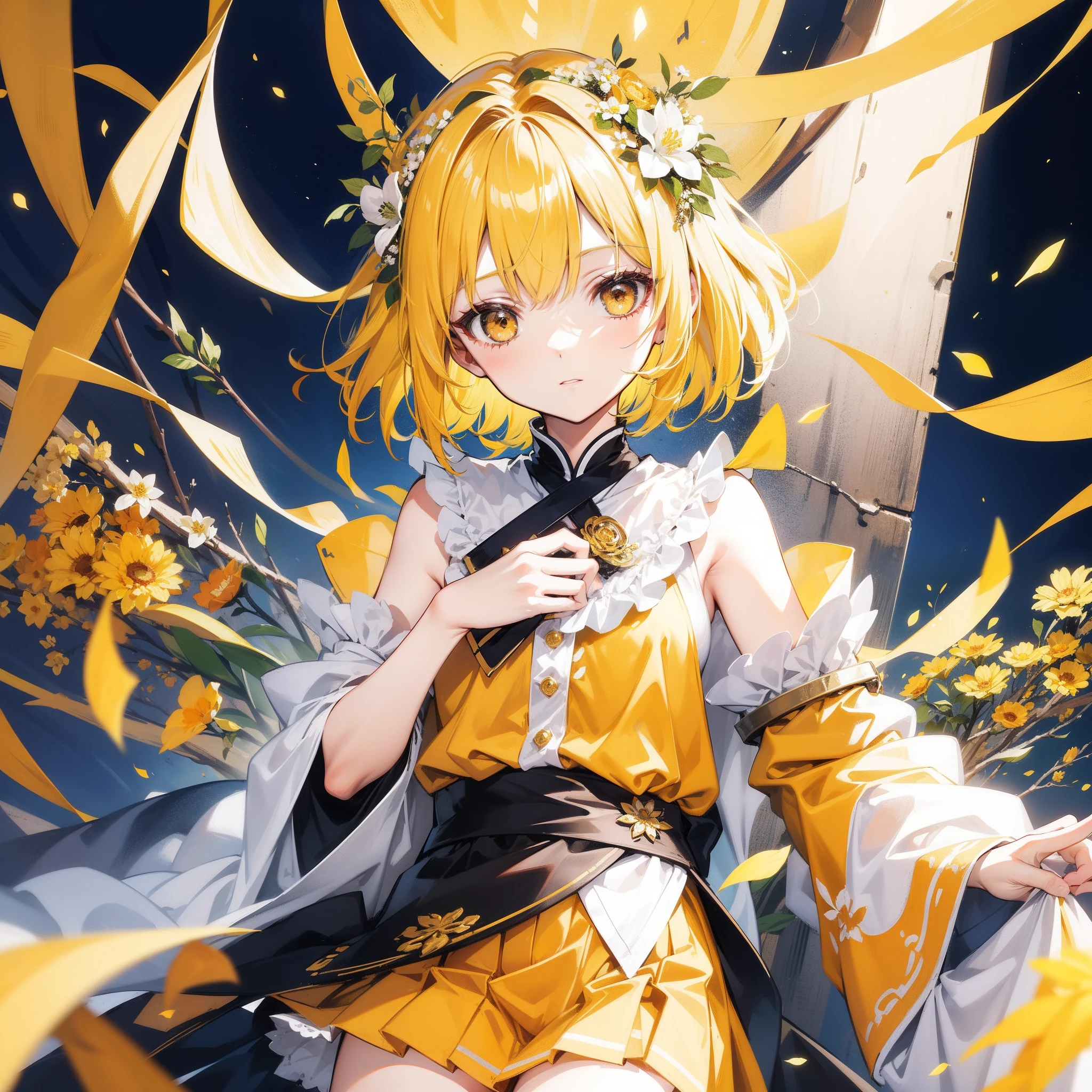 （hoang lap，A high resolution，ultra - detailed），1girll，Wear a garland，Yellow hair color，flower elements，short  skirt，Medium hair，Headshot