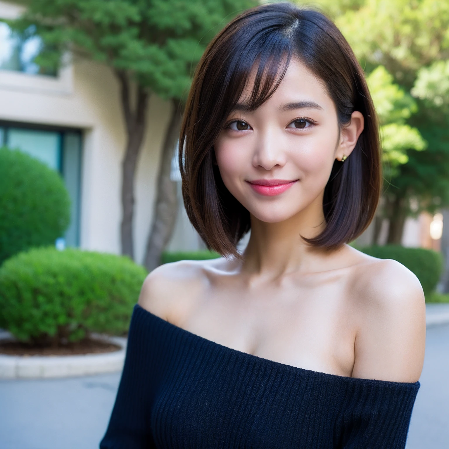 Best Quality, masutepiece, Very high resolution, (extremely photorealistic: 1.4), raw, Pretty Woman, (very short bobbed hair: 1.6), (Slouched), (close up of boobs: 1.4), Beautiful skinny woman in off-the-shoulder black sweater, Small breasts, Outside the house, lightsmile