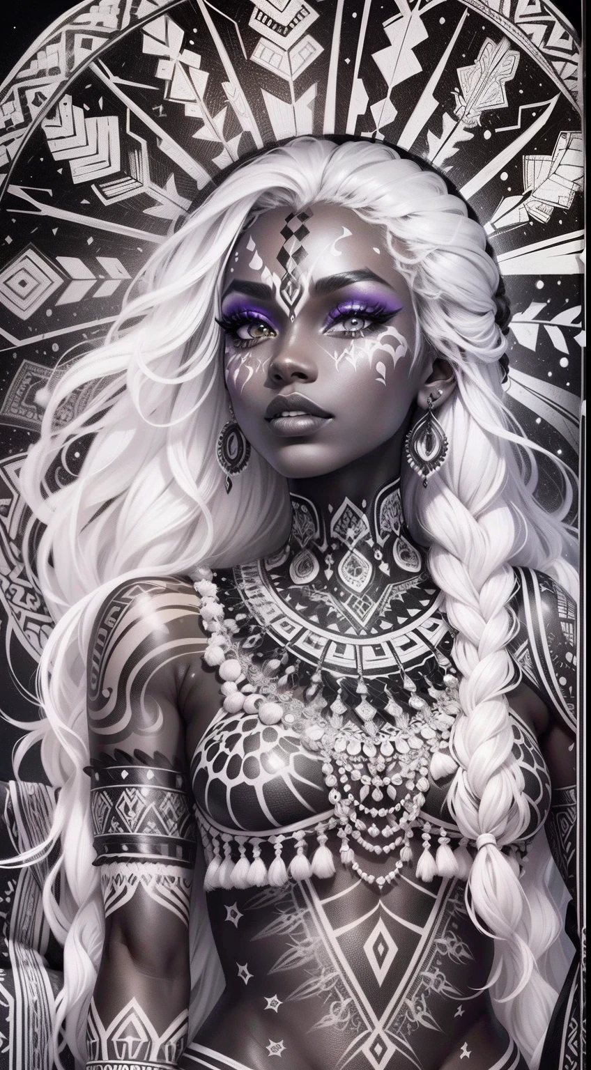 colouring book page, black and white, 32k, full body view, very beautiful tribal brown skin girl with excessive intricately detailed vivdly black and white facepaint bodypaint makeup, stunning radiant eyes, gorgeous white hair with highlights, magical night sky background
