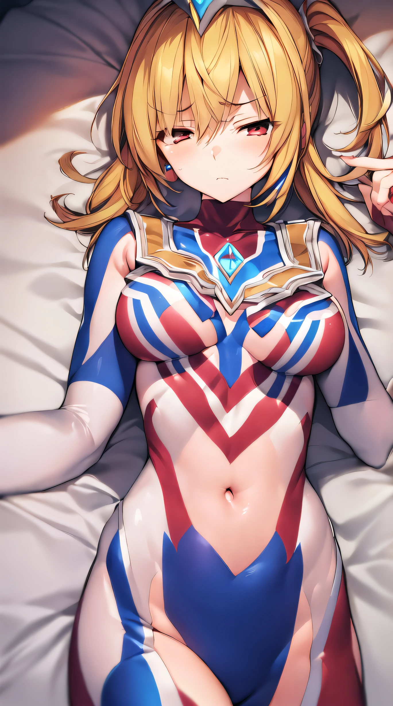 ((masuterpiece, close eye,)), lose, defeat, Brought, Defeated by monsters, 1girl in, Solo, ultraman bodysuit, Empty eyes, being put to bed, (Color Timer, Red jewelry with low chest), (Detailed fingers, Detailed hand, Detailed face),