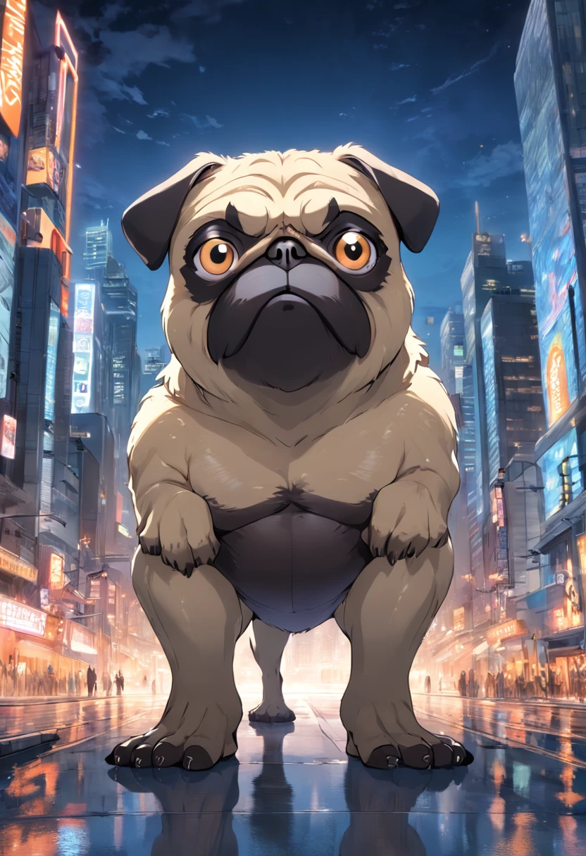 ((FOTO CRU)), ((obra prima)), Anthropomorphic humanoid pug dog dressed, Uma pessoa々Caminhe entre, Intricate details of big feet, Obras do Complexo Griebles, The city behind, corpo grande