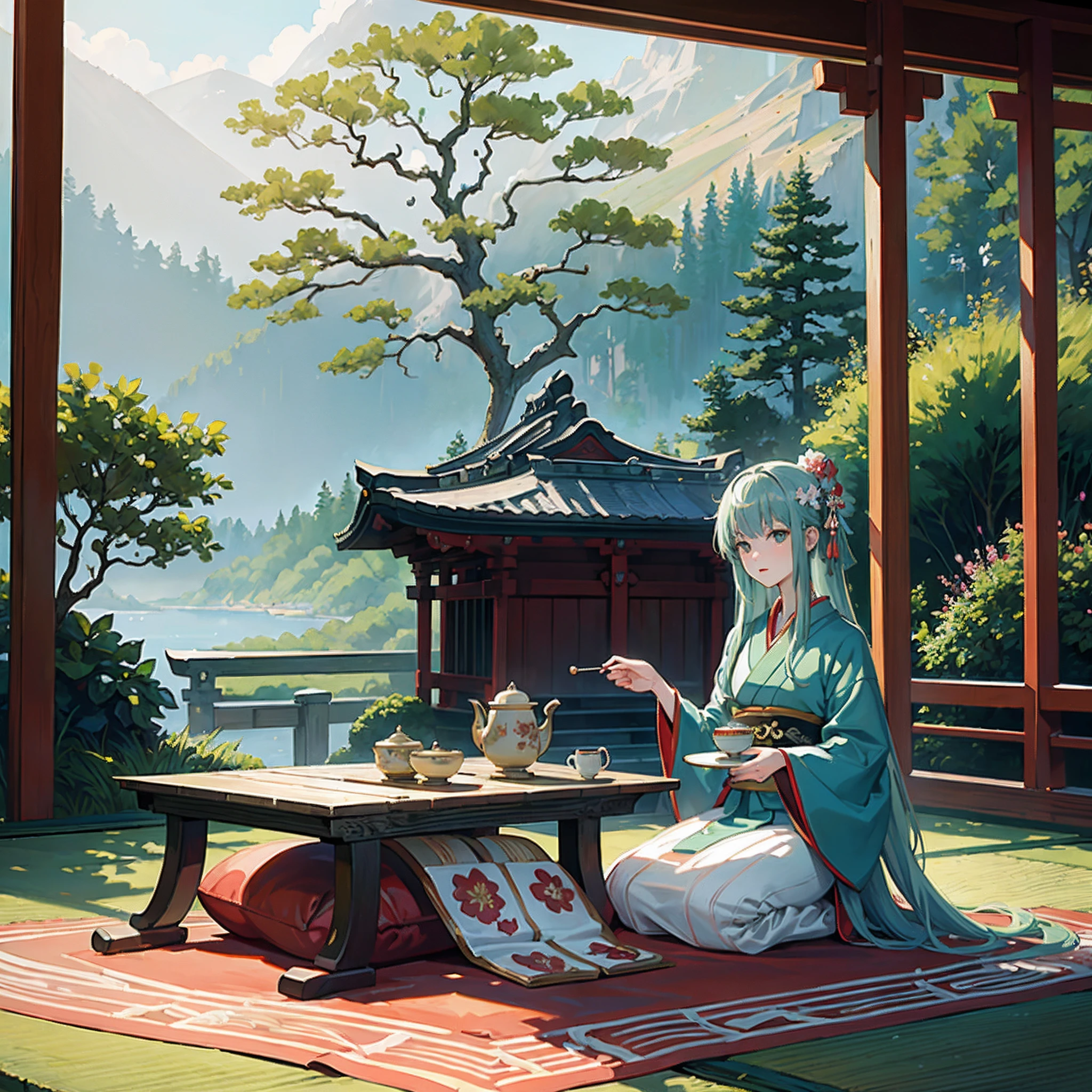 (masterpiece:1.5), (best quality:1.5), (original), (very detailed wallpaper), (high-resolution, very detailed CG, complex details: 1.2), (very detailed background:1.5), high-definition, 8k wallpaper, intense shadows, (photo realistic:1.4), realistic,
(Japanese Shrine:1.3), beautiful detailed water, landscape, trees,grass,flowers,pond,Japanese witch costume, living room,1girl, (miko:1.2),  (slim:1.1), solo, long hair, barefoot,looking at viewer, expressionless, full body,dappled sunlight, day,  small breasts, hair_flower, (drinking tea:1.3), japanese tea table,  japanese teacup, (tea ceremony:1.3), (incense:1.3),smoke