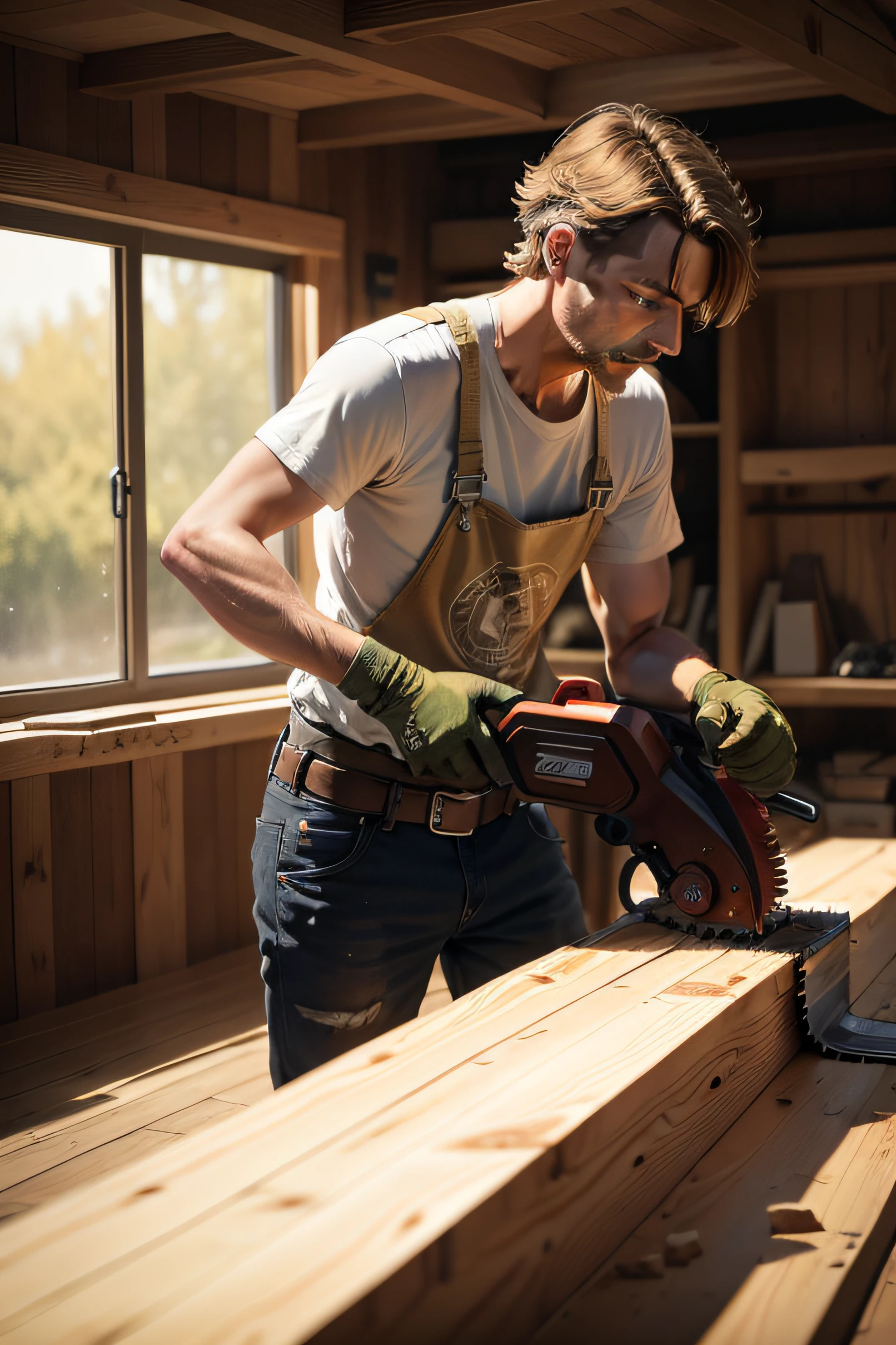 /Imagine a carpenter cutting a piece of wood with a chainsaw
