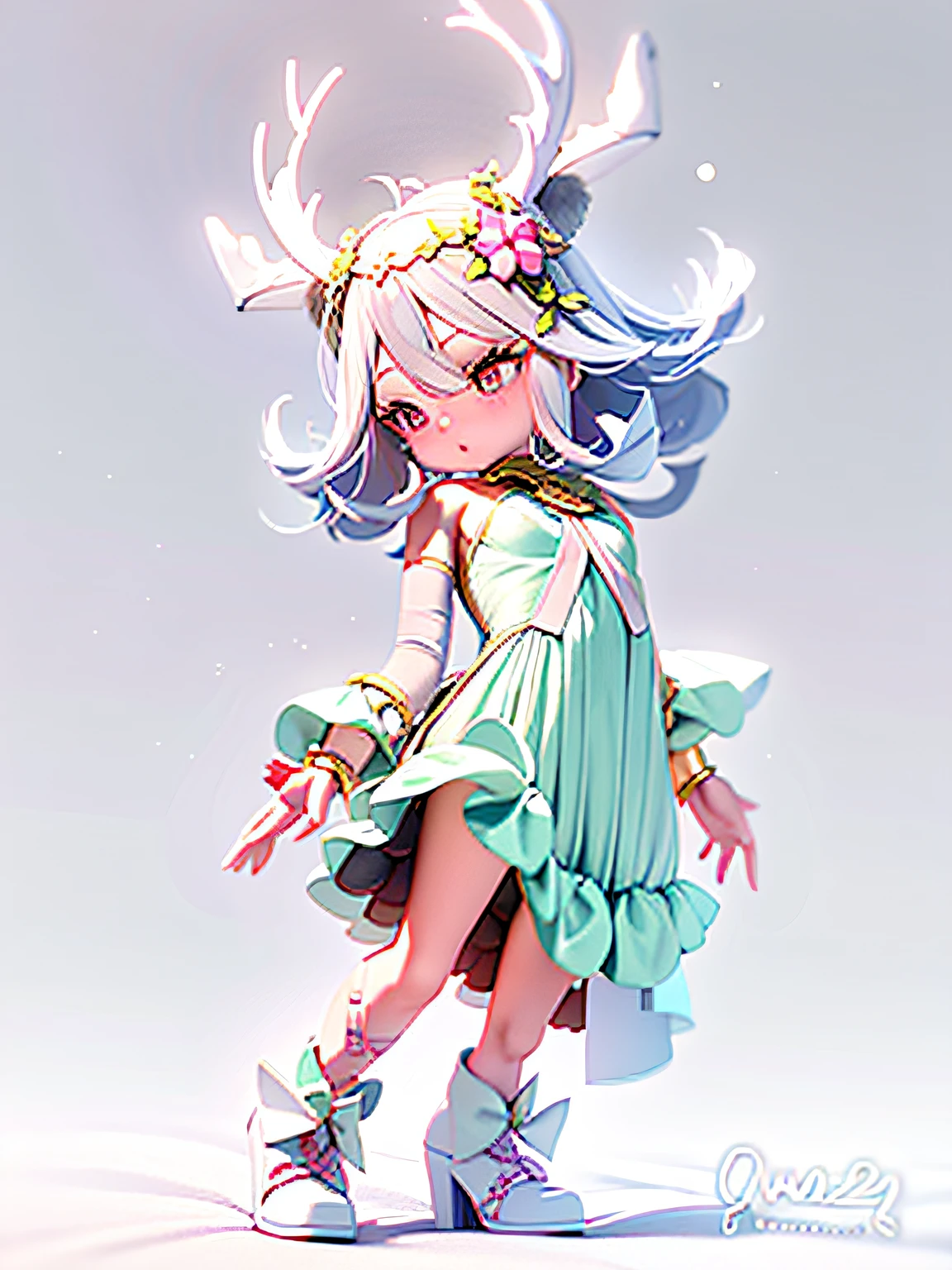 A close-up of a doll with a deer head and a dress, render of a cute 3d anime girl, Stylized anime, elf girl wearing an flower suit, anime styled 3d, 3 d render official art, wlop and krenz cushart, character is in her natural pose, style of wlop, small curvaceous 