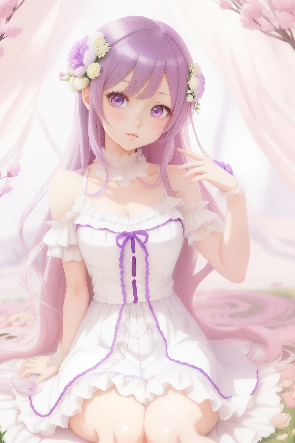 Anime girl with long hair and purple eyes sitting on a flower bed, Beautiful anime girl, loli in dress, purple eyes and white dress, cute anime waifu in a nice dress, pretty anime girl, Beautiful anime, Beautiful anime woman, Cute anime girl, (Anime girl), Anime art wallpaper 4k, Anime art wallpaper 4 K, Soft anime illustration