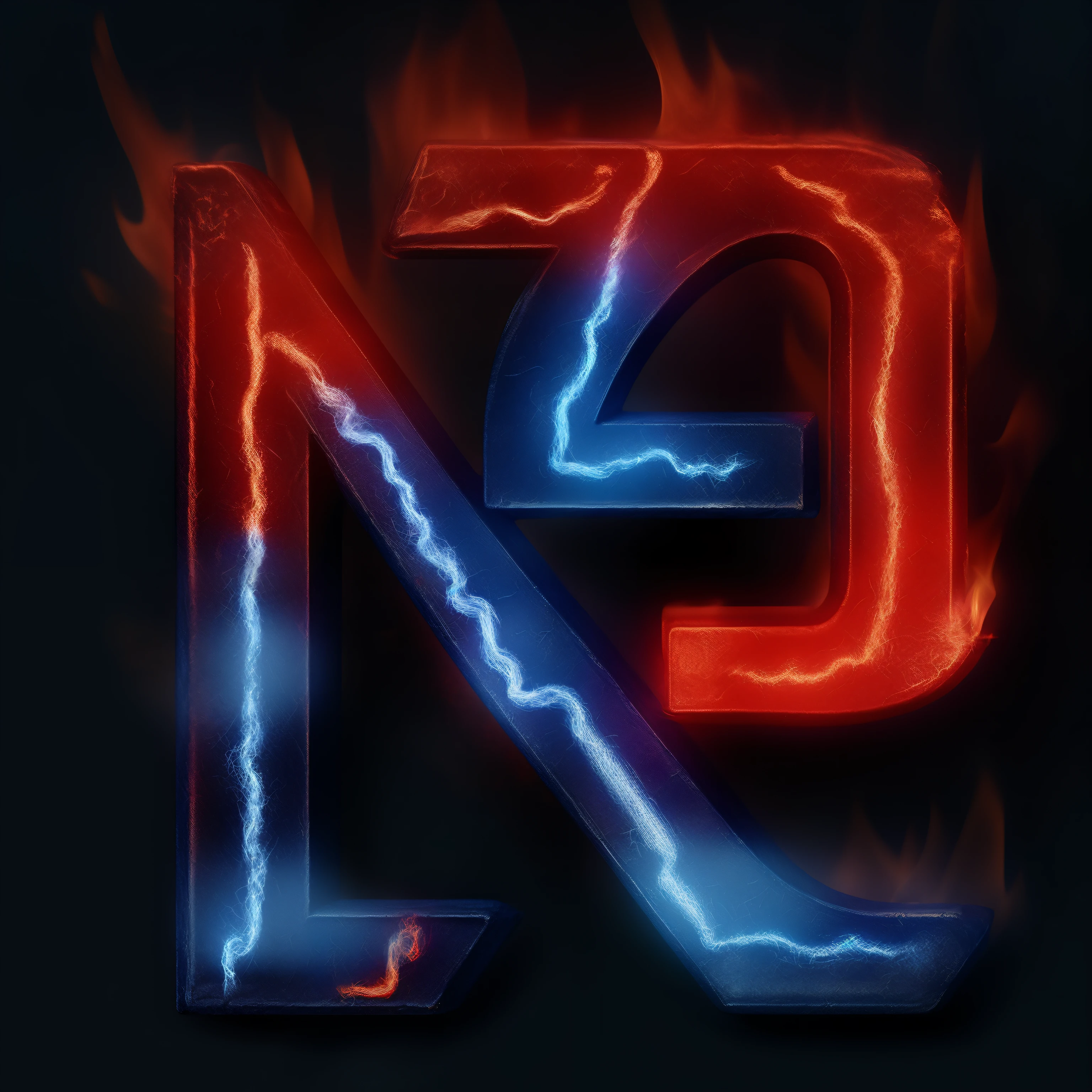 Fire logo, letter N, dark background, add blue and red fire, urban background, realistic