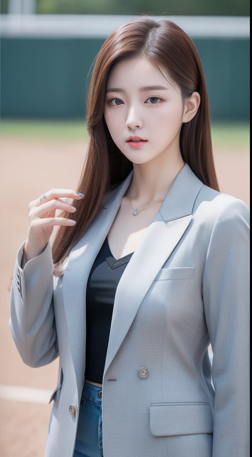 realistic photos of 1 cute Korean star, quin tails, white skin, thin makeup, 32 inch breasts size, wearing gray leather suit, in baseball court, upper body portrait, UHD