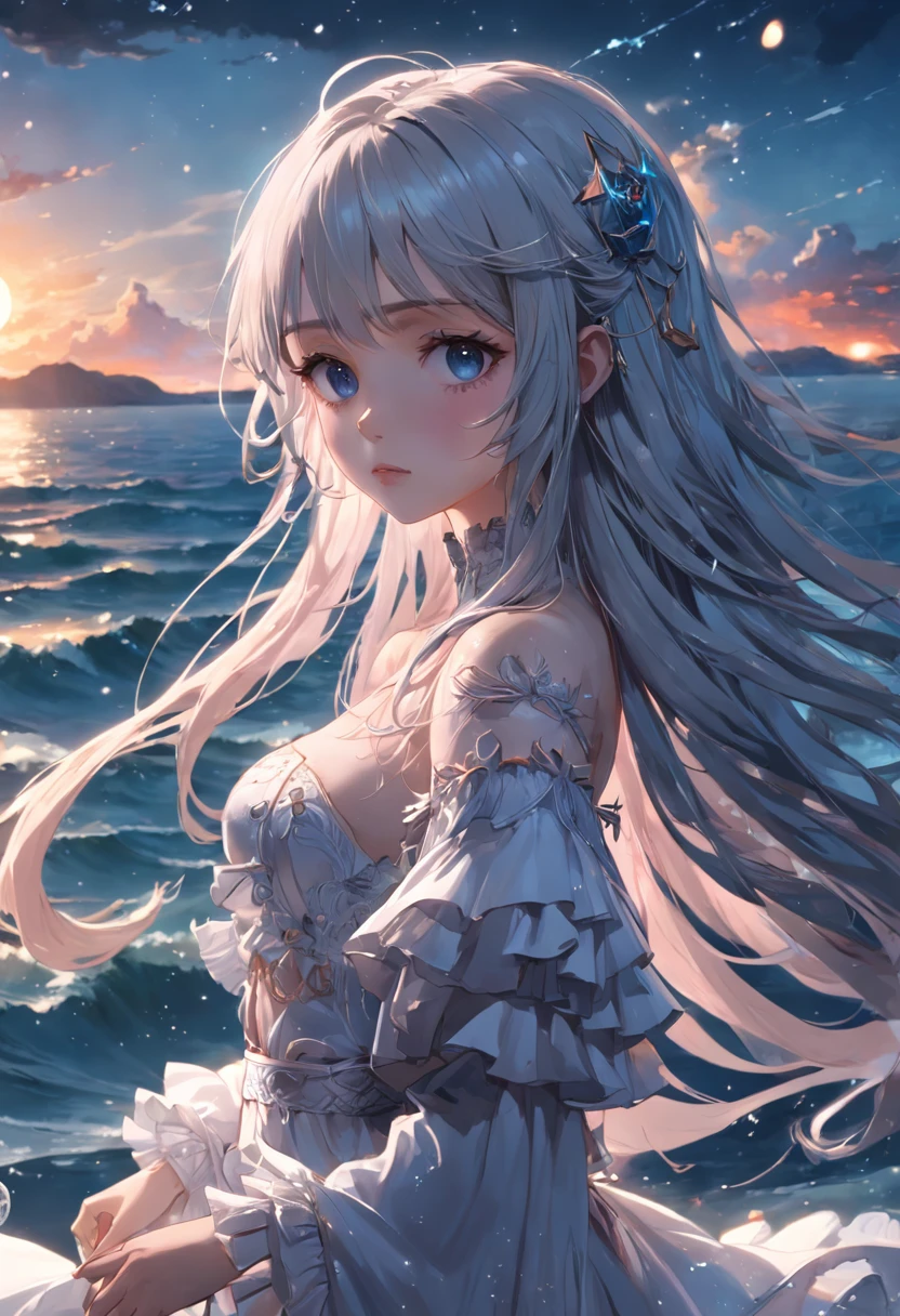 ((masterpiece)), ((best quality)), ((illustration)), extremely detailed,style girl, long shot, small breast,light grey very_long_hair, scifi hair ornaments, beautiful detailed deep eyes, beautiful detailed sky, beautifuldetailed water, cinematic lighting, dramatic angle, (very long sleeves), frills, formal, close to viewer, (an extremely delicate and beautiful),best quality,highres,official art,extremely detailed CG unity 8k wallpaper,  ((starry sky)), star river,array stars, Holy, noble, ((oil painting)) , ((wallpaper 8k CG)), (realistic), Concept Art, vary blue and red and orange and pink hard light, intricate light, dynamic hair, haircut, dynamic fuzziness, beautiful and aesthetic, intricate light, manga and anime