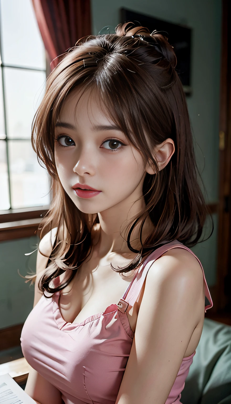 (RAW photography、top-quality)、(hentail realism、Photorealsitic:1.3)、top-quality、tmasterpiece、Extremely Delicately Beautiful、A highly detailed、NFFSW、A sense of unity、2k wallpaper、magnifica、Beautiful face in every detail、tmasterpiece、Light smile、top-quality、Highly detailed ticker Unity 8K wallpaper、hugefilesize、ultra - detailed、A high resolution、The is very detailed、Female 1 Person、Slim body、C cup、(Black tights top:0.7)、(Pink skirt:1.2)、(Bun hair)、(A brown-haired)、Look at the front、Sharp focus、facial closeups、PureErosFace_V1:0.8 Short hair、Instagram、Viewer's perspective、self-shot、JK school uniform