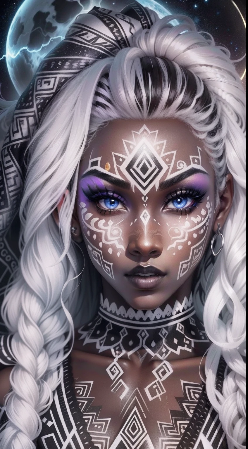 colouring book page, black and white, 32k, full body view, very beautiful tribal brown skin girl with excessive intricately detailed vivdly black and white facepaint bodypaint makeup, stunning radiant eyes, gorgeous white hair with highlights, magical night sky background