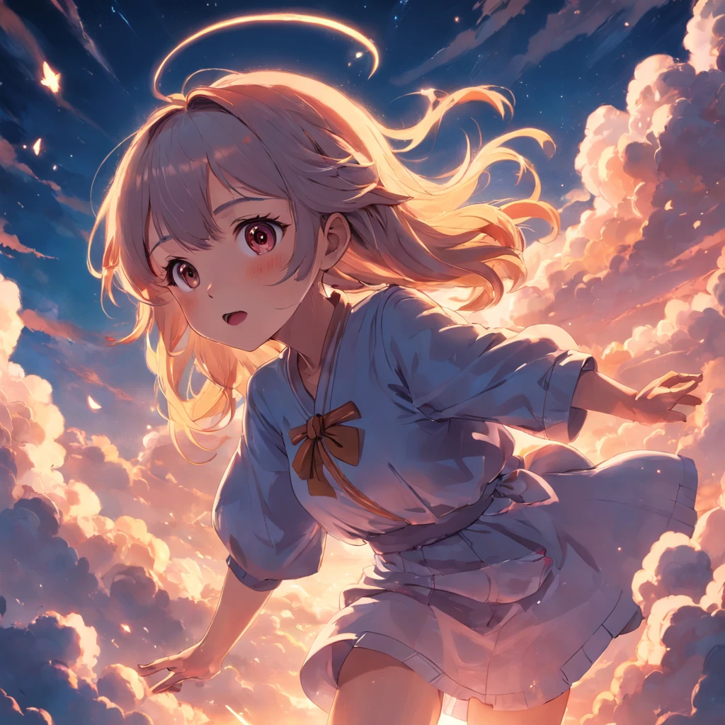 masterpiece, best quality, movie still, 1girl, cloud girl, floating in the sky, close-up, bright, happy, warm soft lighting, sunset, (sparks:0.7)
