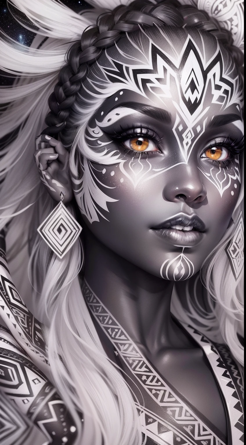 colouring book page, black and white, 32k, full body view, very beautiful tribal brown skin girl with excessive intricately detailed vivdly black and white facepaint bodypaint makeup, stunning radiant eyes, gorgeous white hair with highlights, magical night sky background