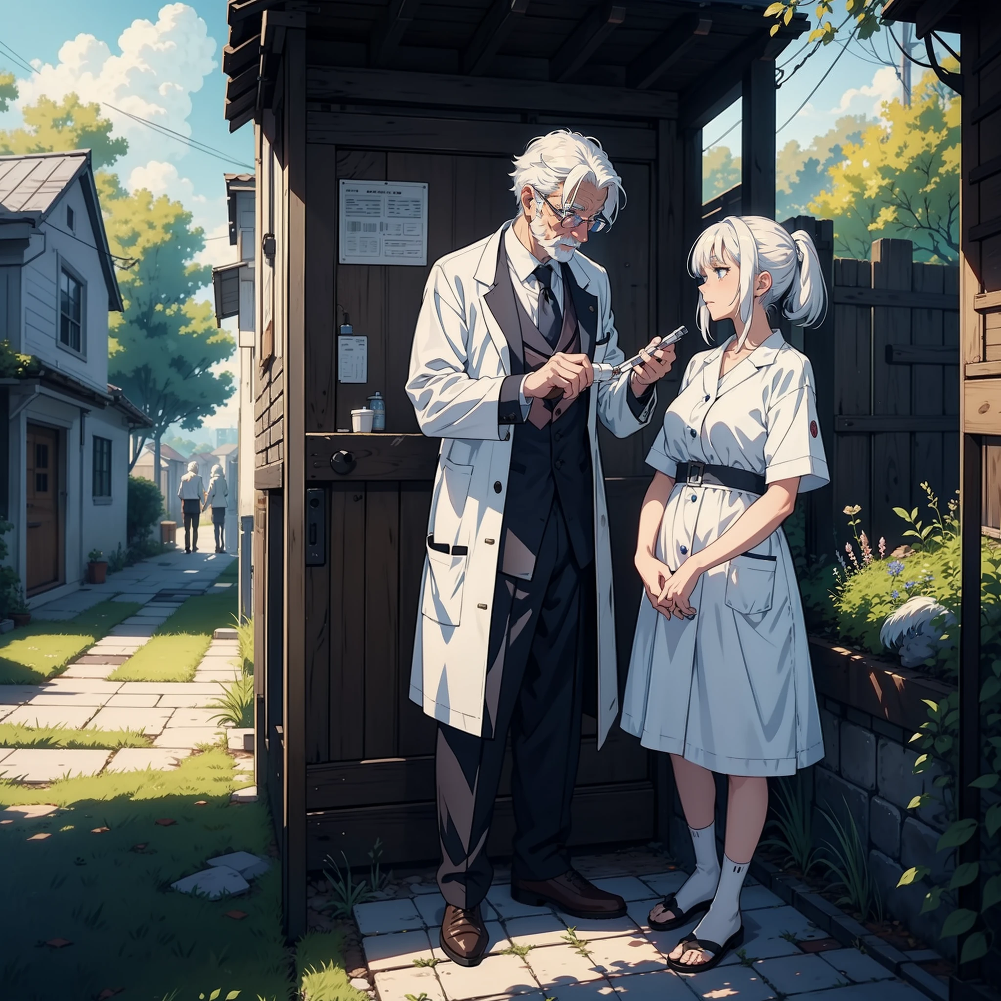 The picture of the white-haired old man giving the white-haired girl a doctor and injection,In the yard,Anime illustration 4K,super clear masterpiece