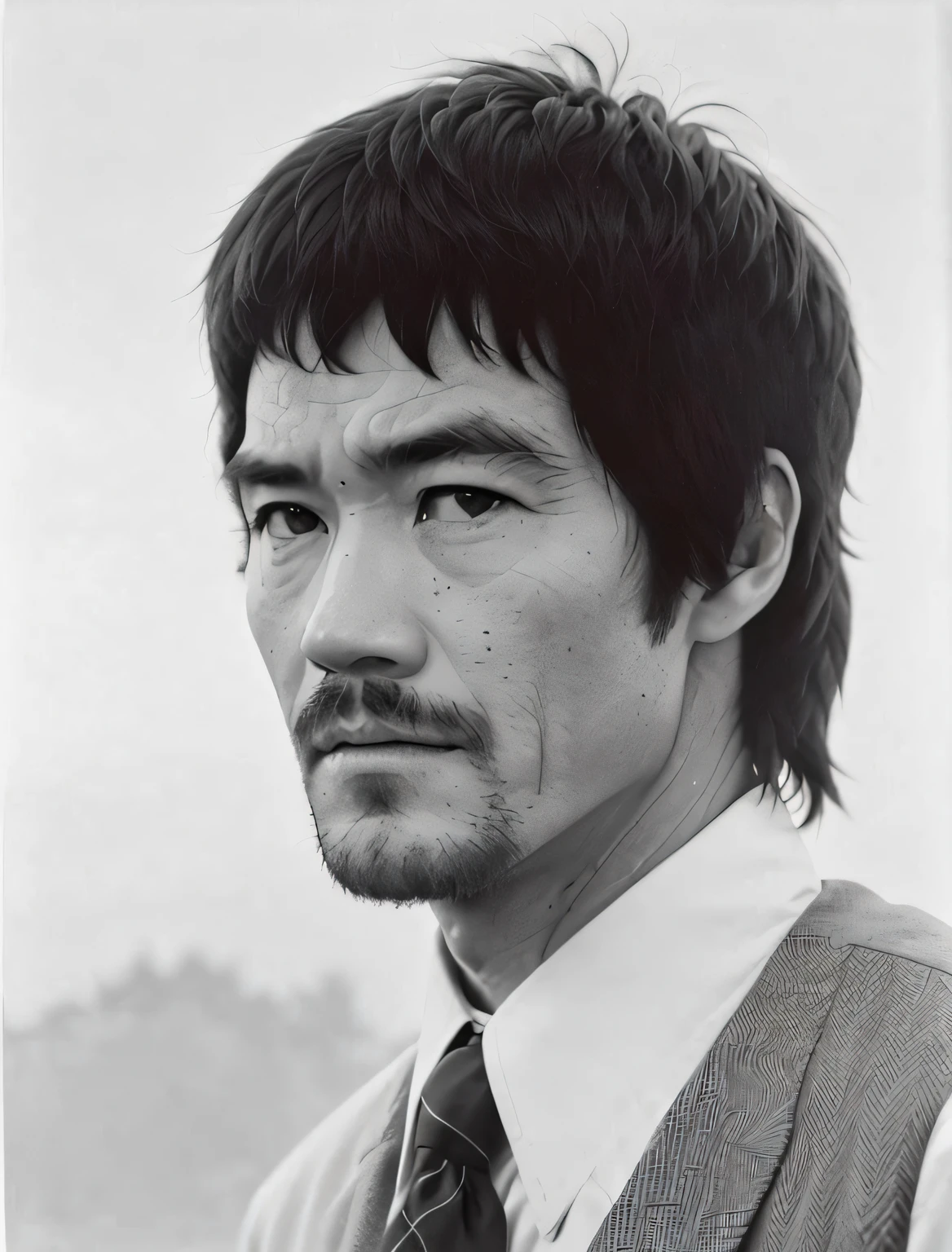 Black and white photo of a man in a tie, portrait of bruce lee, Bruce lee, with bruce lee, gregg araki, katsuhiro, Jackie chan, enter the dragon 1973, with a pointed chin, In profile, asian man, Daigo Ikeno, Masterpiece works of art, 60s kung fu film