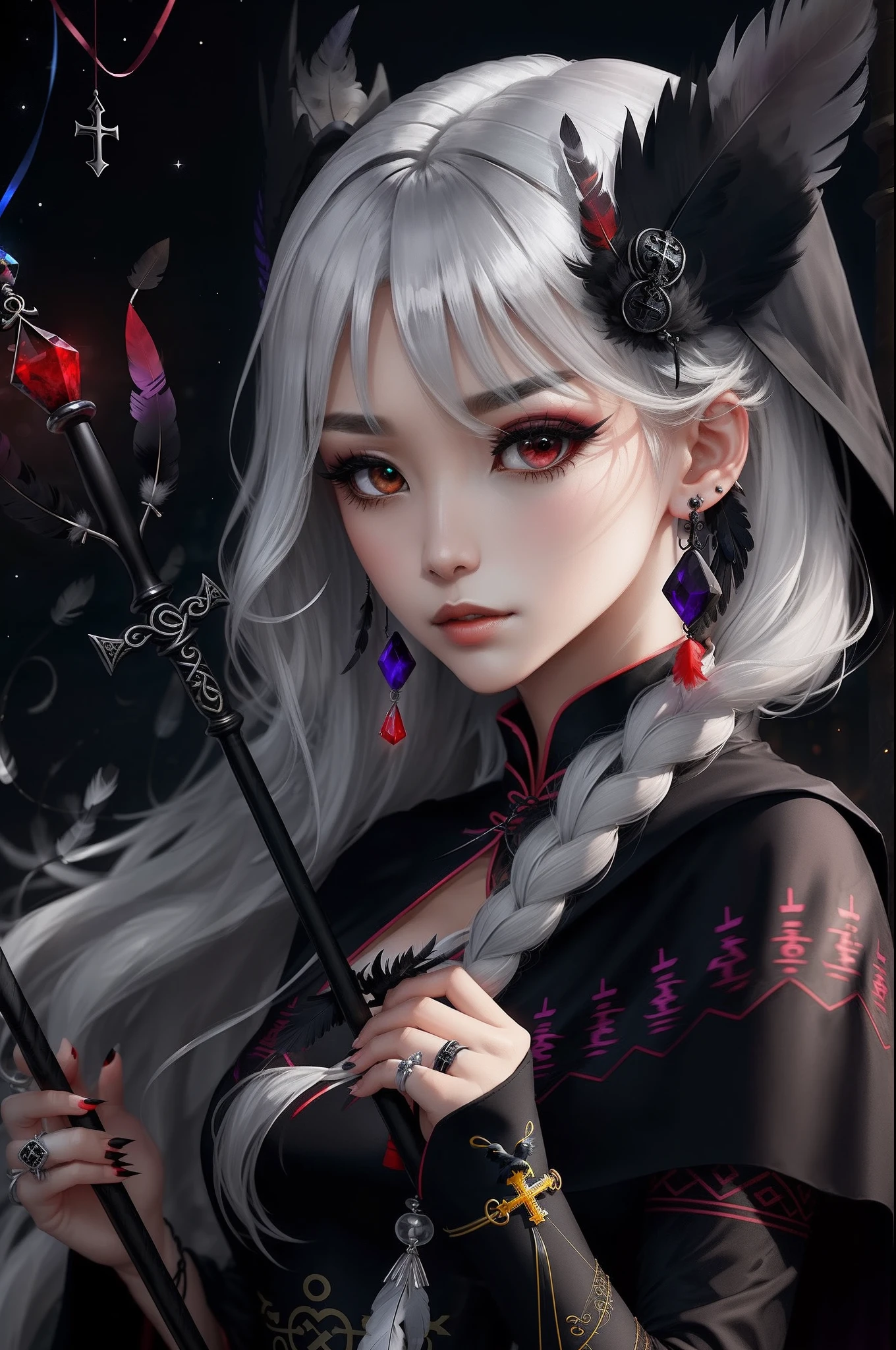 A queen,long whitr hair,Silver hair,dynamic angle,Background night,In the Kasbah,Full body like,Raven cape,Obsidian Crown,Crow feather grooming,silver eyelashes,Black eyes,Black gold unilateral cross earrings,The expression was calm,A crow feather dress resembling a cheongsam,Gold wire trim,There are black streamers,Printed with runes,Wear a black crystal ring,Crow scepter in hand,The rod has a red gemstone at the end,black lence stockings,black heels