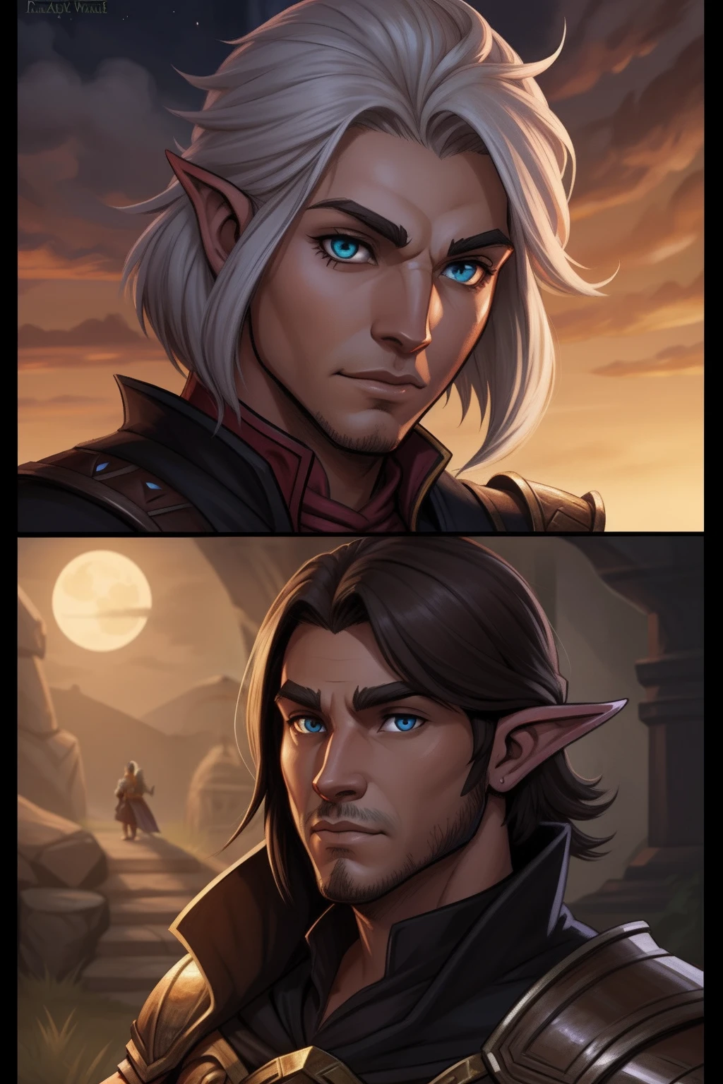 um close up de duas pessoas com cabelos longos e uma espada, d & d character reveal, Arte Guildwar, d&Personagens D, Personagens de Dungeons and Dragons, d&d arte do personagem dark sun, dungeons and dragons portrait, Arte da capa DND, Ghutra e Egal, d&D retrato, d & d pintura digital, d & D Dragon Age Warcraft