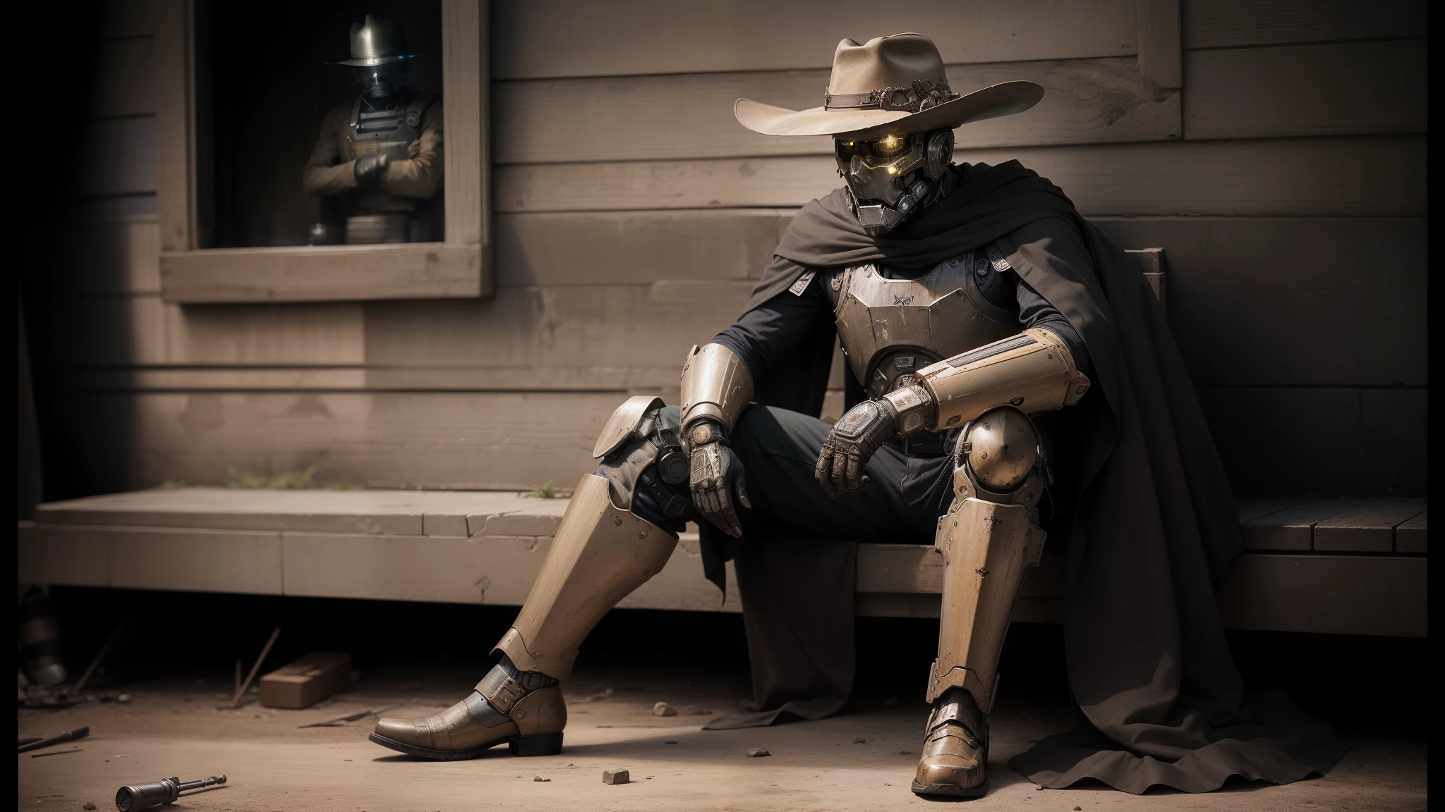 There's a man in a cowboy hat sitting on the floor with a pistol in his hand, amarelo do tamanho humano warforged, collodion photograph, Realistic mechanical details, necromante androide benevolente, quente e seco, the price of NCR, fotografia antiga, zumbi ciborgue