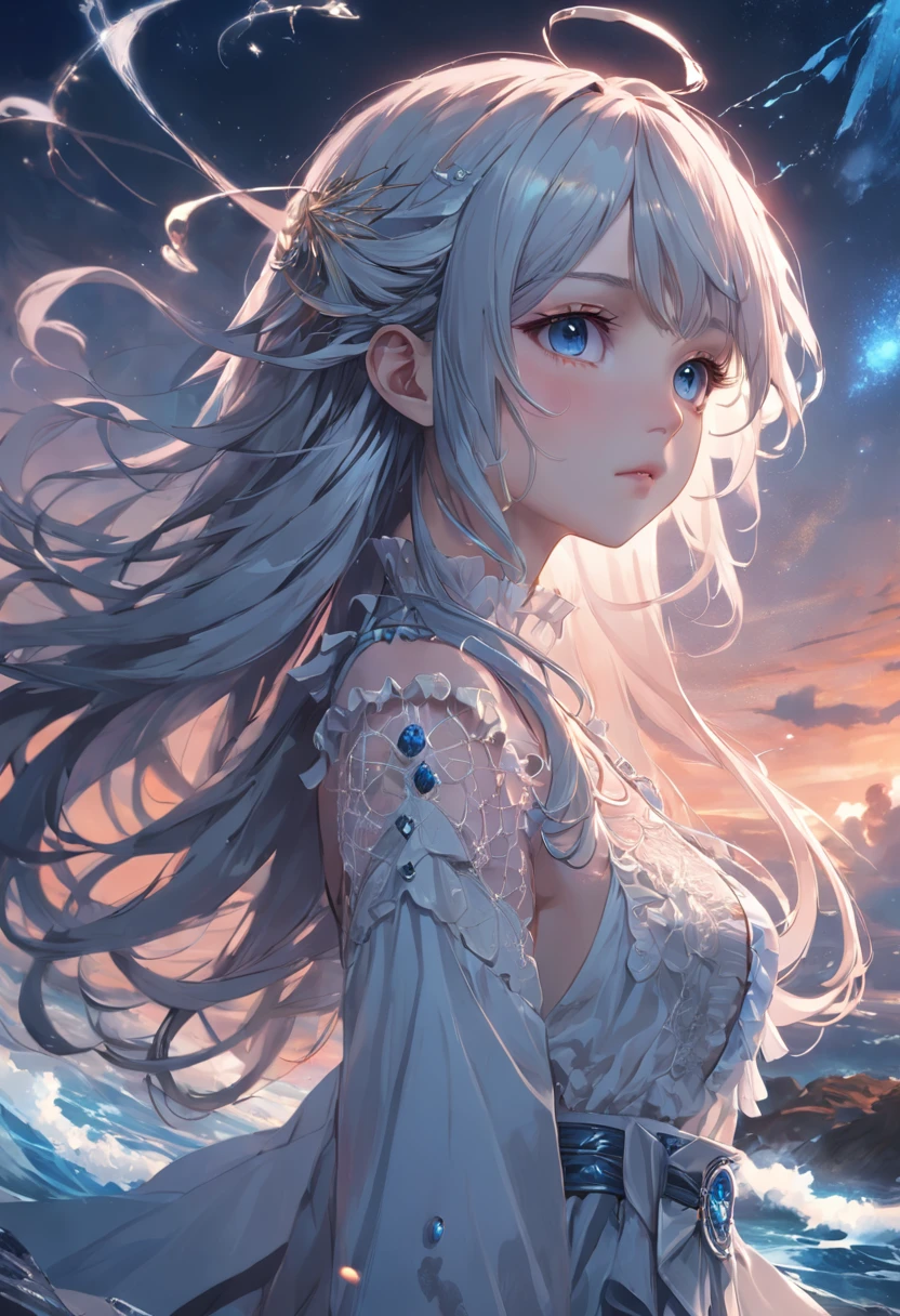 ((masterpiece)), ((best quality)), ((illustration)), extremely detailed,style girl, long shot, small breast,light grey very_long_hair, scifi hair ornaments, beautiful detailed deep eyes, beautiful detailed sky, beautifuldetailed water, cinematic lighting, dramatic angle, (very long sleeves), frills, formal, close to viewer, (an extremely delicate and beautiful),best quality,highres,official art,extremely detailed CG unity 8k wallpaper, ((starry sky)), star river,array stars, Holy, noble, ((oil painting)) , ((wallpaper 8k CG)), (realistic), Concept Art, vary blue and red and orange and pink hard light, intricate light, dynamic hair, haircut, dynamic fuzziness, beautiful and aesthetic, intricate light, manga and anime
