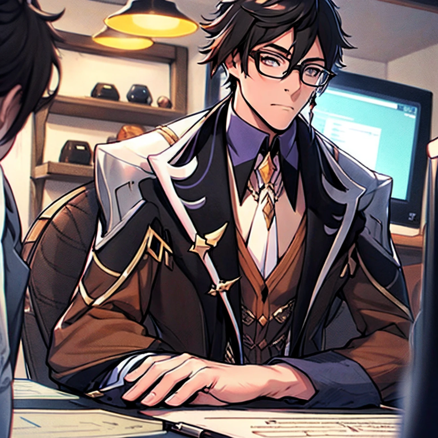 ENTREPRENEUR LOOKING AT THE SCREEN OF HIS COMPUTER, IN SUIT, GLASSES STYLE DRAWING WITH APPEARANCE OF SOME 45 YEARS
