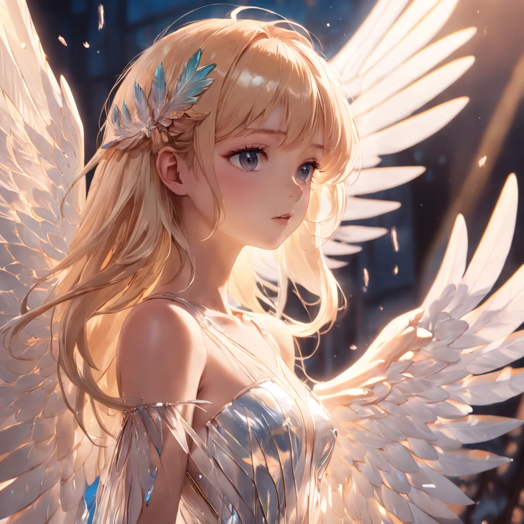**vogue photography, Fashion female model in dress,Translucent plastic wing,angel wing, California Impressionism, Soft sunlight, Y2k is beautiful,Dream style 16k,cinematic lighting, god rays, UHD, masterpiece, textured skin, super detail, high details, high quality