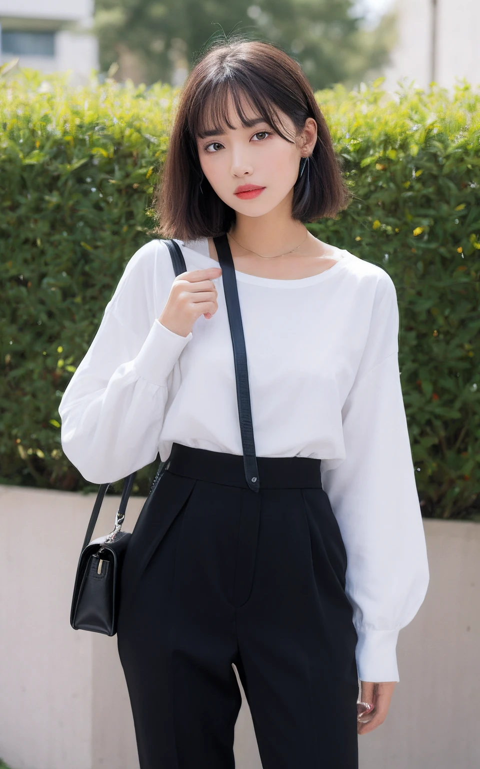 masterpiece、best quality、illustration、 Super detailed、Fine details、 high resolution、8K Dende Wallpaper、Perfect dynamic composition、24 year old beautiful girl、Detailed beautiful face、Delicate and beautiful eyes、textured skin、A faint smile、Wavy short hair、Small Breasts、The posture is diverse、spring long sleeve shirt、Half-length photo,Eyes tease,Charming expression,Wear more,outdoor,Large aperture,Large depth of field,8K picture quality,Lovely,Black pants,