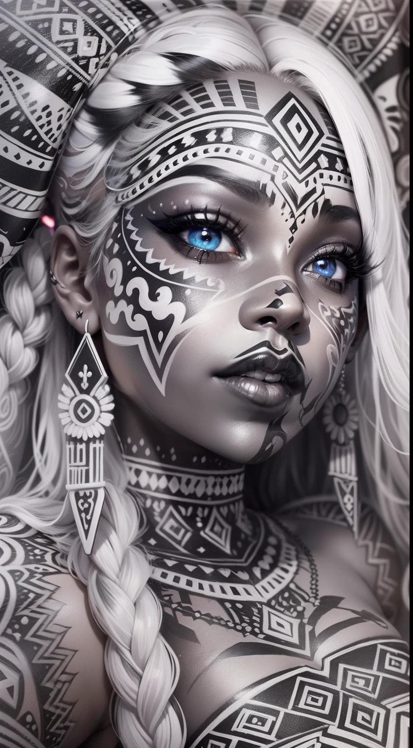 colouring book page, black and white, 32k, full body view, very beautiful tribal brown skin girl with excessive intricately detailed vivdly black and white facepaint bodypaint makeup, stunning radiant eyes, gorgeous white hair with highlights, magical night sky background