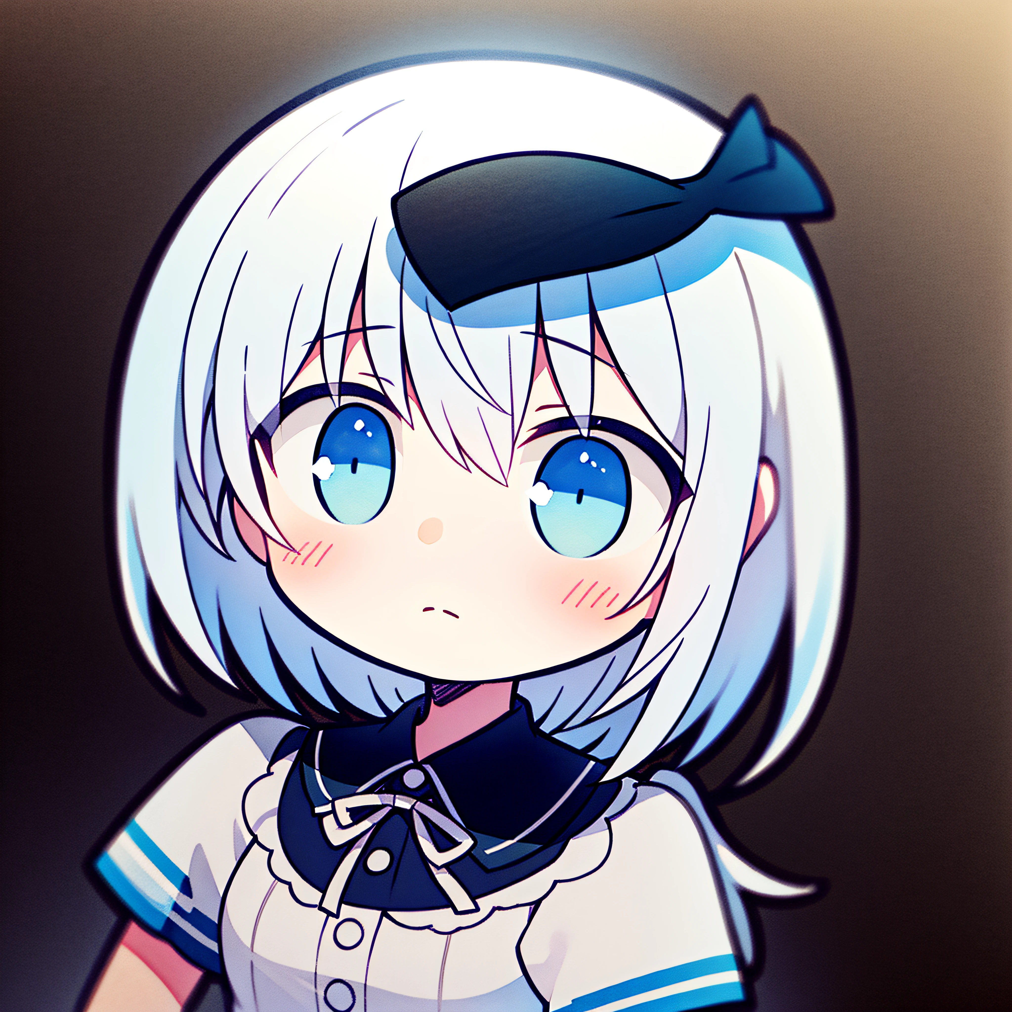 fish on the head, solo, 1 girl, looking at viewer, upright, concept art, white background, simple background, white hair, gradient hair, short sleeves, watercolor pencil, expressionless, blush, virtual youtuber