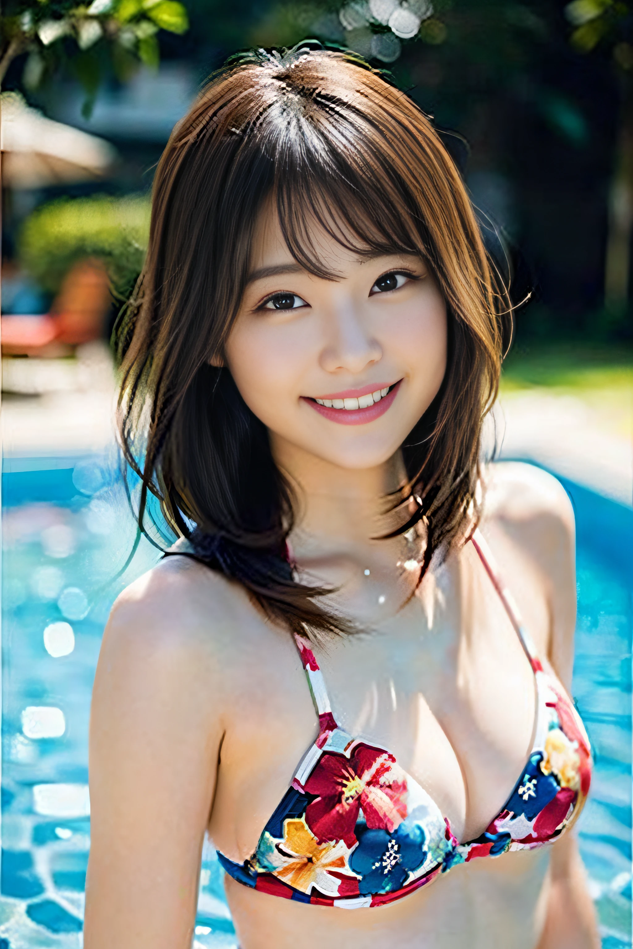 (8K、Raw photography、top-quality、​masterpiece:1.2)、(realisitic、Photorealsitic:1.37)、ultra-detailliert、超A high resolution、女の子1人、see the beholder、beautifull detailed face、A smile、Constriction、(Slim waist) :1.3)、Beautiful detailed skin、Skin Texture、Floating hair、Professional Lighting、Whole human body、Longhaire、a blond、Bob Hair、Happy smile、swim wears、The bikini、with floral pattern