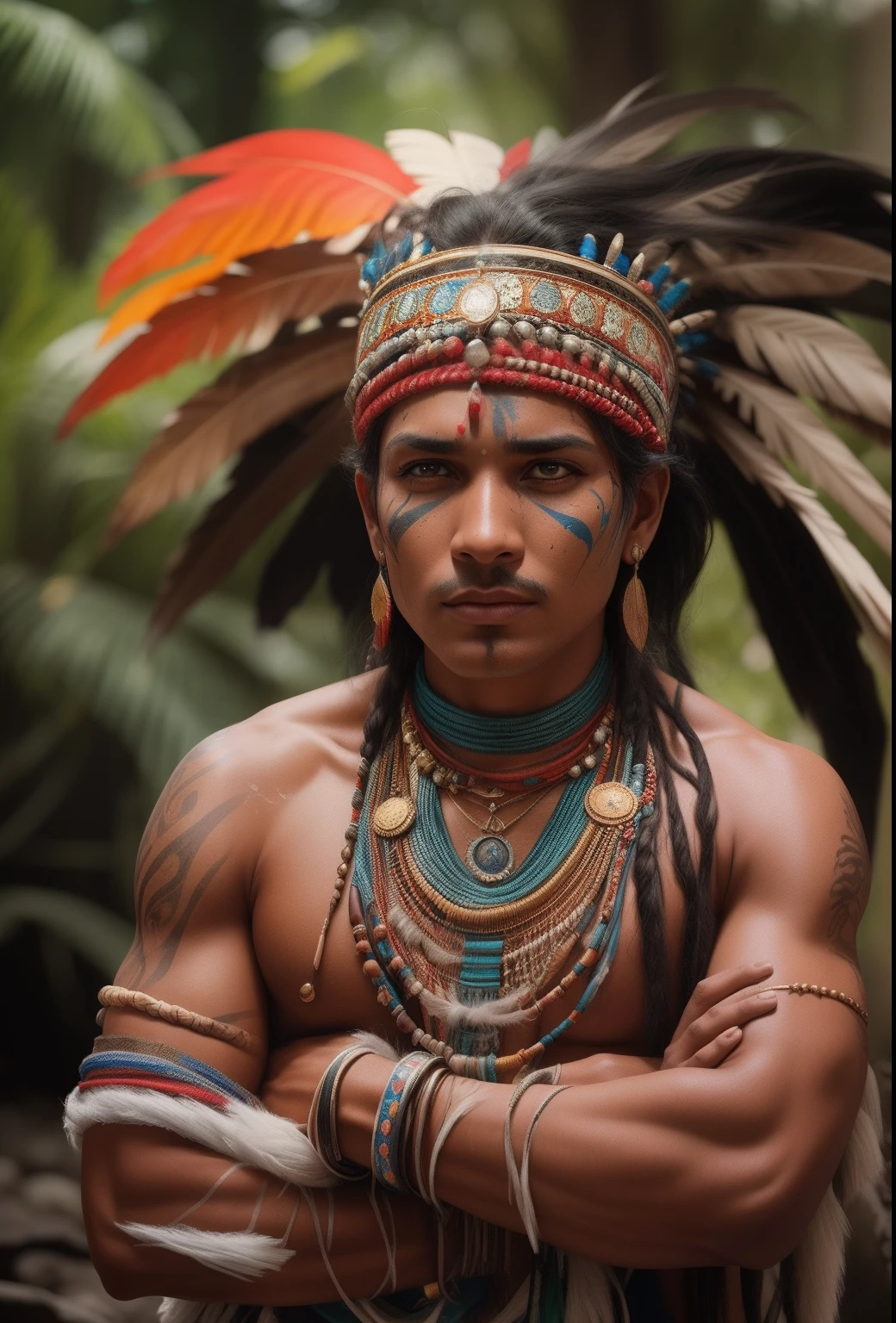 Indian Shaman, pele bronzeada, extremely long black hair mess over bare chests, enorme cocar de penas de papagaio azul de arara,  olhos negros brilhantes, face with indigenous paint in red and blue colors lean and muscular body, corpo inteiro, cabelo preto longo, several necklaces on the neck , with arms crossed, subindo de um rio ((fino, pequeno)), fotorrealista, foto, obra-prima, realista, realismo, fotorrealismo, alto contraste, Trending photorealistic digital art in Artstation 8k HD high definition detailed realistic,  detalhado, textura da pele, hiper detalhado, textura de pele realista, armadura, melhor qualidade, ultra high-resolution, (fotorrealista: 1.4), alta resolução, detalhado, tiro bruto, sharp re, por lee jeffries Nikon D850 Filme Fotografia de Stock 4 Kodak Portra 400 Lente F1.6 Rich Colors Texture Realistic Dramatic Texture Dramatic Lighting Irrealengine Trend at Artstation Cinestill 800