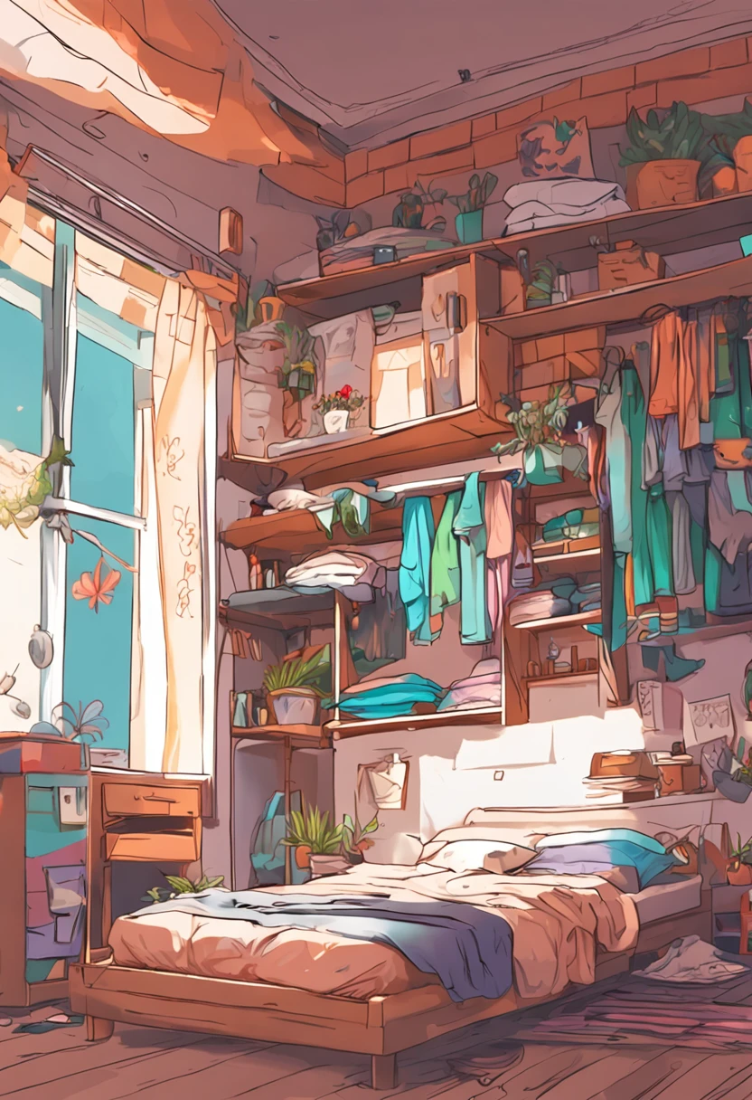 crie um cenaro de natureza, estilo anime, cores chapadas, pintura oleo, vista do espectador, dormitorio feminino, quarto de menina, desordem, clothes on the floor, melhor qualidade, areia da praia, vista do espectador