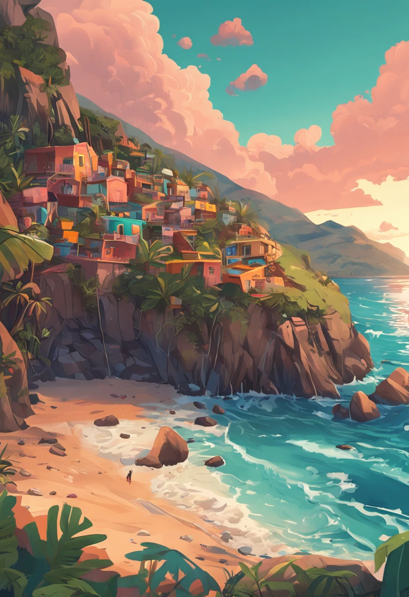 crie um cenaro de natureza, estilo anime, cores chapadas, pintura oleo, vista do espectador, dormitorio feminino, quarto de menina, desordem, clothes on the floor, melhor qualidade, areia da praia, vista do espectador