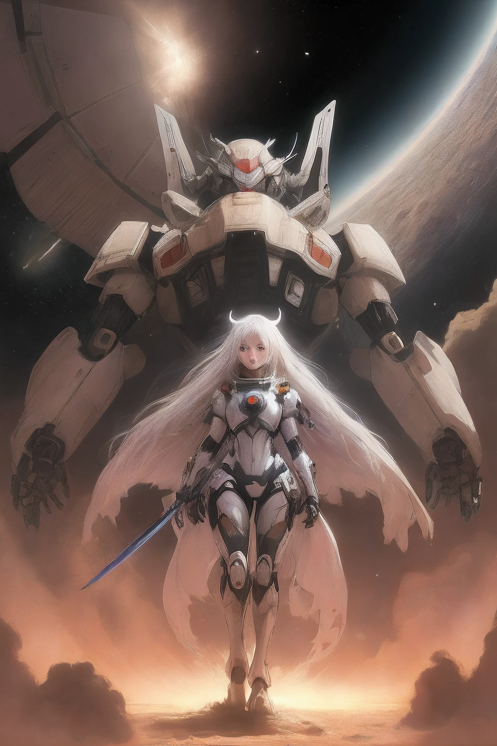 A white-haired girl wears a mecha to fight in outer space，Light effects are full，Those one sword，There is a huge planet，A mecha dragon