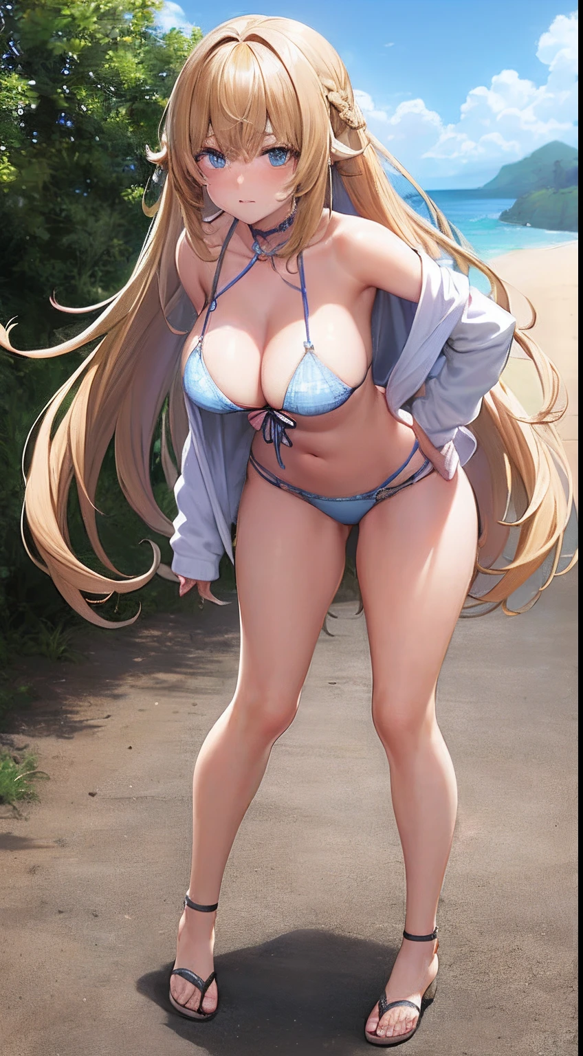 (full body Esbian:1.4),1girl in,(Leaning forward:1.3),Light Brown Fringe Longhair、Braided hair、disheveled hair、Light brown eyes、(Embarrassed look)、(Extraordinary beauty)、(Colorful micro bikini),oversized hoodie、(cleavage cutout),(Open Shirt),(爆乳)、Emphasize the valley、the beach、sand beach、blue-sky、Emerald Green Sea、(Photorealsitic)、(intricate detailes:1.2)、(masterpiece、:1.3)、(top-quality:1.4)、(超A high resolution:1.2)、超A high resolution、(A detailed eye)、(detailed facial features)、Barba Round