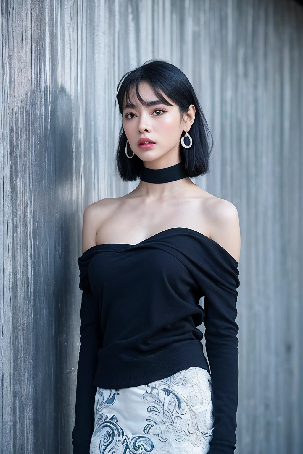 (extra detailed body、extra detailed face、best qualtiy:1.2)、femele、looking at the viewers、(Clothes with a strong contrast of blue and black in a novel design、Large shoulder-length metal earrings、accessorized、)、(Stylish walls in contrasting blue, black and white,)