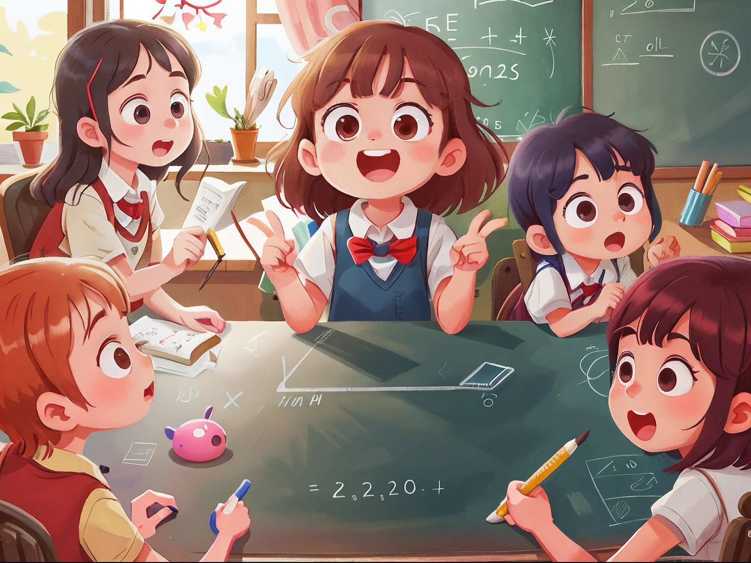 A group of schoolchildren,Have fun with class,A teacher,Perfect quality,Clear focus(Clutter - home:0.8), (tmasterpiece:1.2) (realisticlying:1.2) (Bokeh) (best qualtiy) (detailedskin:1.3) (complexdetails) (8K) (detailedeyes) (Sharp focus),(having fun)