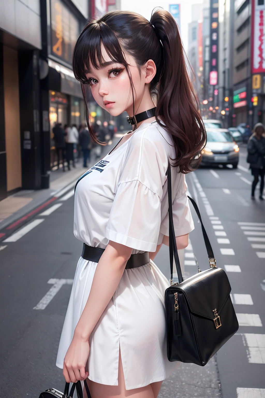 best quality detail:1.2, hentail realism, 8K  UHD, A high resolution, 1girl in:1.2, The ultra-detailliert, High quality textures, intricately details, detaileds, Very detailed CG, High quality shadows, Detail Beautiful delicate face, Detail Beautiful delicate eyes, depth of fields, Ray traching, in her 20s, Beautiful pop girl, Korean Urzan face:1.1, Slender face, ulzang-6500-v1.1:0.6, PureErosFace_V1, glowing light eyes, teak, Glossy lips, perfect bodies, choker necklace、nedium breasts、 Brown hair、poneyTail:1.1, street, Particle, view the viewer, Photorealsitic:1.4, ultra - detailed, Photos realistic, 4K 8K Ultra HD full-color RAW photos, Fuji Film(Medium format:1.2), hasselblatt:1.2, Carl Zeiss:1.1, Incredible dynamic range photography(util_The art of Smus-768:1.1), A high resolution, high pixel count, Clear details, Sharp Images, Natural color reproduction, denoised, High fidelity, quality, Software improvements, upscaled, Optimization algorithm, Professional-grade grooming、((Shibuya, tokyo prefecture))、On the way to shopping、((Fashion clothes with a very high design))、Shirt dress: Oversized shirt dress、Simple and stylish style --auto