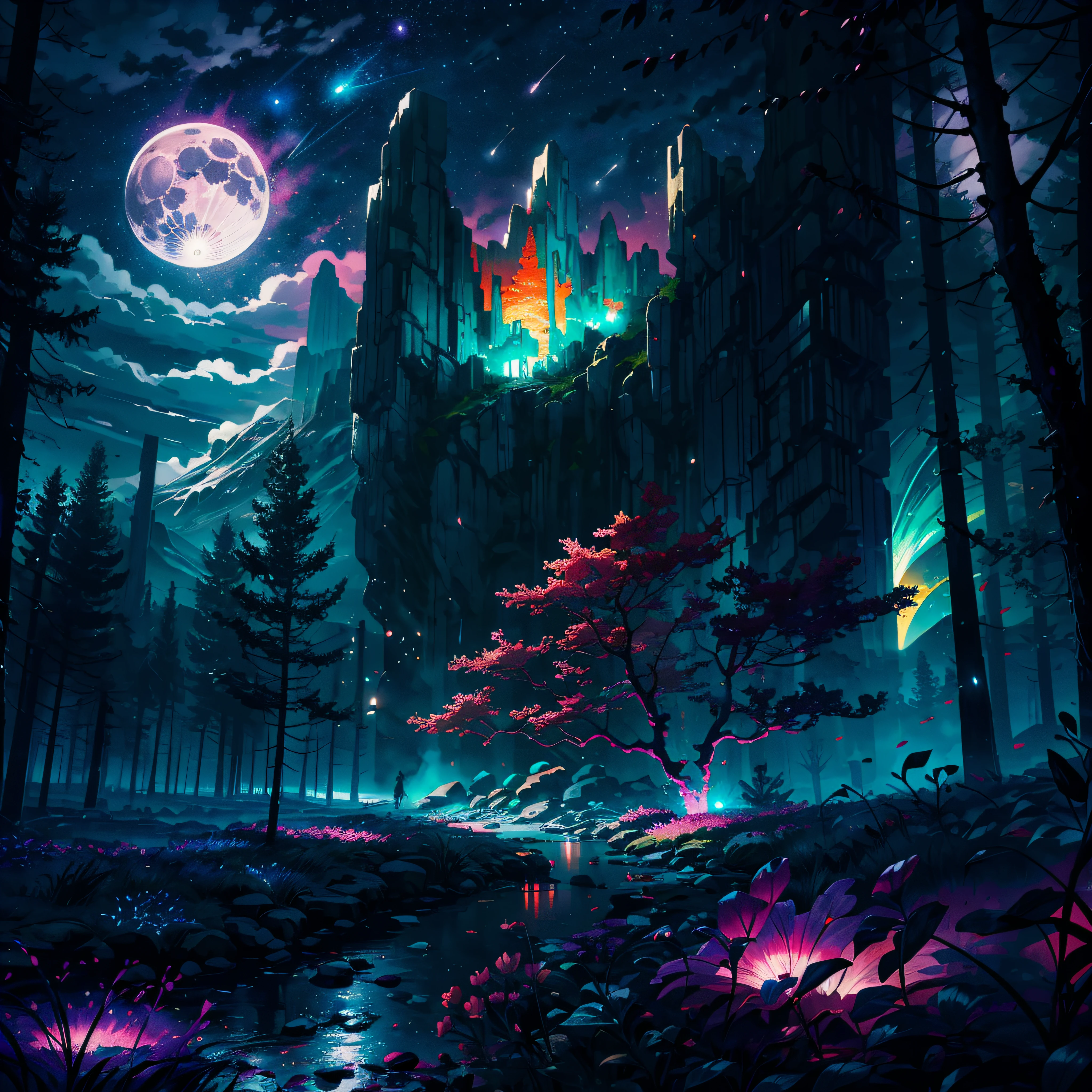 A wide landscape photo, (viewed from below, the sky is above, and the open field is below), an anime girl sitting on colorful flowers field looking up, (full moon: 1.2), (meteor: 0.9), (nebula: 1.3), distant mountains , shooting stars, Trees BREAK Crafting Art, (Warm Light: 1.2), (Firefly: 1.2), Lights, Lots of Purple and Orange, Intricate Details, colorful palette,Volumetric Lighting BREAK (Masterpiece: 1.2), (Best Quality), 4k, Ultra Detailed, (Dynamic Composition: 1.4), Rich in Detail and Color, (Rainbow Color: 1.2), (Glow, Atmospheric Lighting), Dreamy, Magical, (Solo: 1.2),