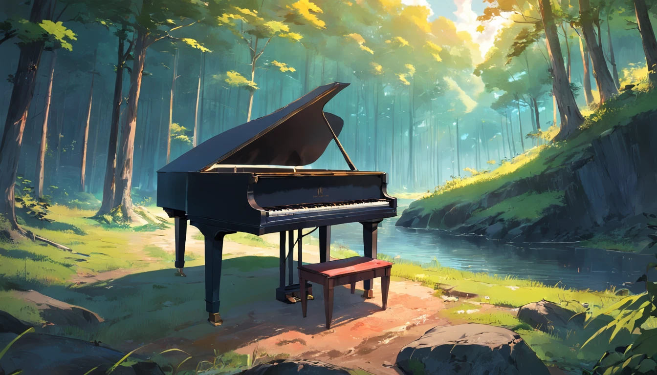 Piano in the middle of the forest near a river