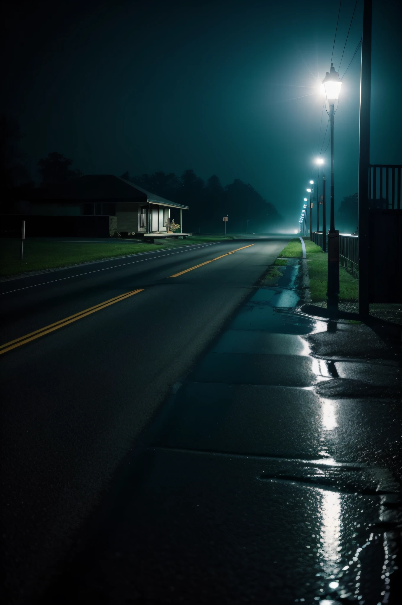 ((deep in the night、mid night、early dawn、In a dream、Images in a dream))、((motel、Motel Area、Ruins、Winding road in the middle、Less light))、Foggy、Sateen、reflection、Nostalgic but unsettling photos、Images in a dream、horor、Pretty dark image、Grainy photo、Film Touch、color photograph、, Wide Shot, ultra wide-angle,