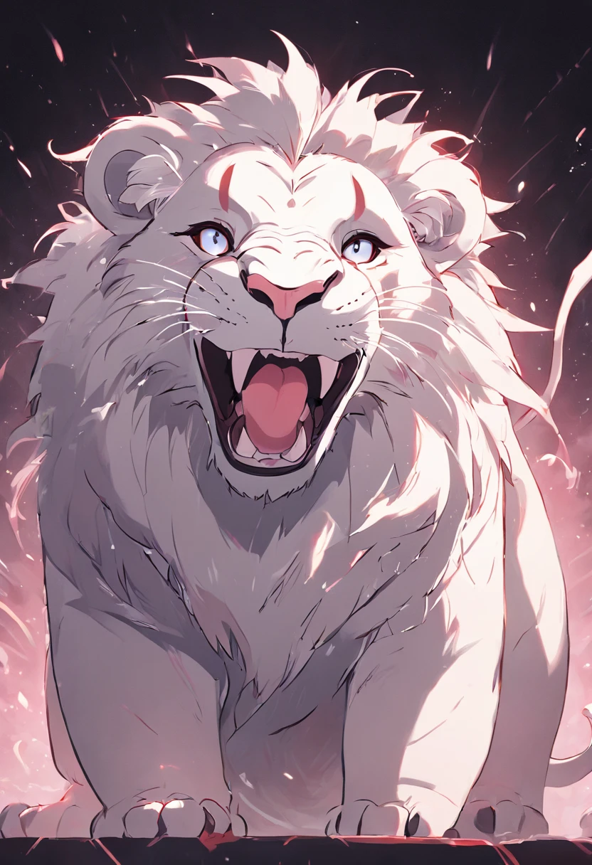 Funny smiling white lion,The head is disproportionately large,One tail - the entire figure, Black background, Simplified contrast style, Baby friendly contrast style, Sketch with black lines, Very high contrast, only black and white color, no shadow