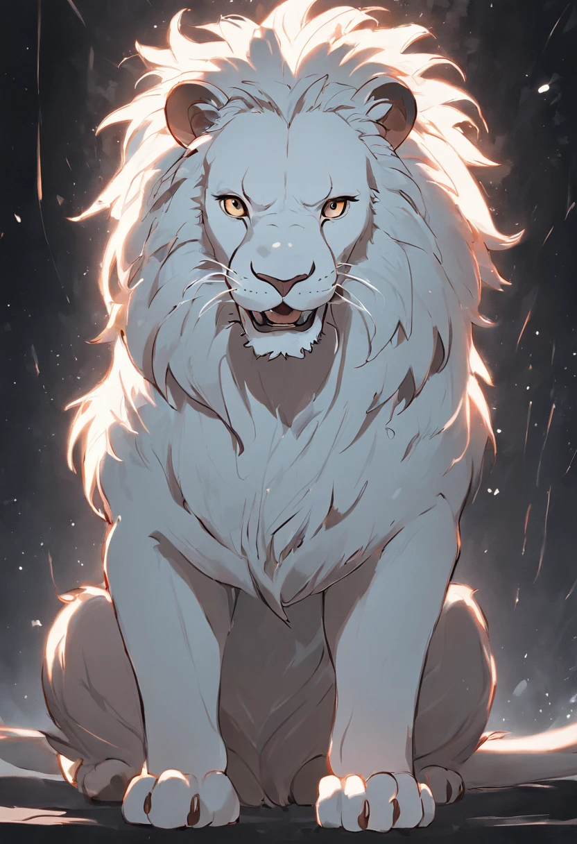 Funny smiling white lion，The head is disproportionately large，One tail - the entire figure, Black background, Simplified contrast style,  friendly contrast style, Sketch with black lines, Very high contrast, only black and white color, no shadow