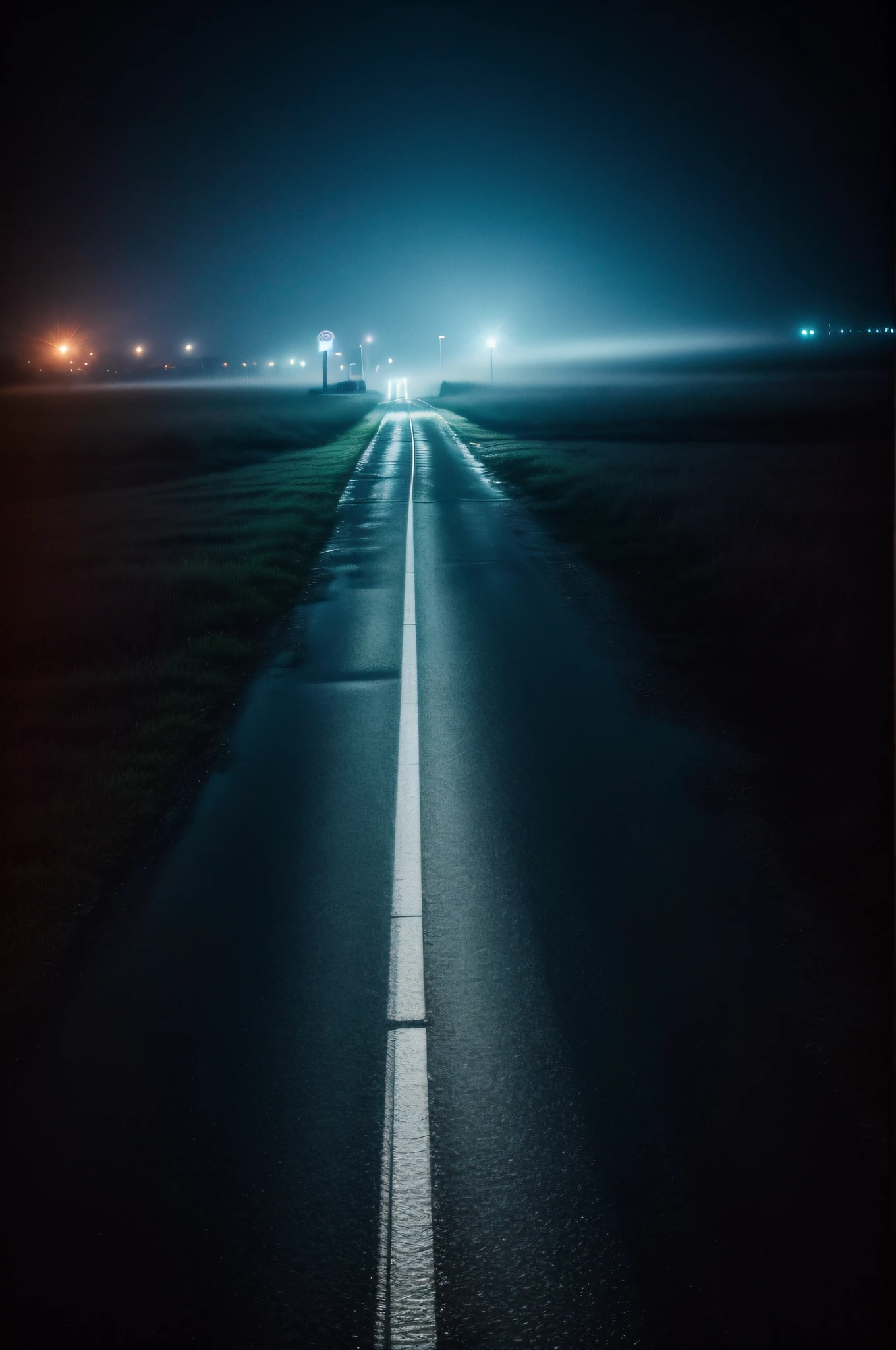 ((deep in the night、mid night、early dawn、In a dream、Images in a dream))、((motel、Motel Area、Ruins、Winding road in the middle、Less light))、Foggy、Sateen、reflection、Nostalgic but unsettling photos、Images in a dream、horor、Pretty dark image、Grainy photo、Film Touch、color photograph、, Wide Shot, ultra wide-angle,