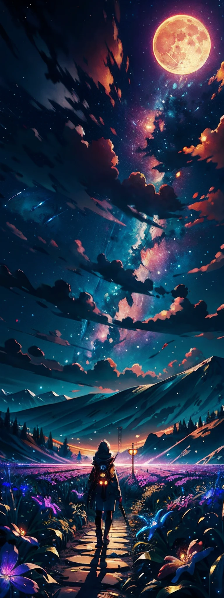 expansive landscape photograph , (a view from below that shows sky above and open field below), a girl standing on flower field looking up, (full moon:1.2), ( shooting stars:0.9), (nebula:1.3), distant mountain, tree BREAK
production art, (warm light source:1.2), (Firefly:1.2), lamp, lot of purple and orange, intricate details, volumetric lighting BREAK
(masterpiece:1.2), (best quality), 4k, ultra-detailed, (dynamic composition:1.4), highly detailed, colorful details,( iridescent colors:1.2), (glowing lighting, atmospheric lighting), dreamy, magical, (solo:1.2)